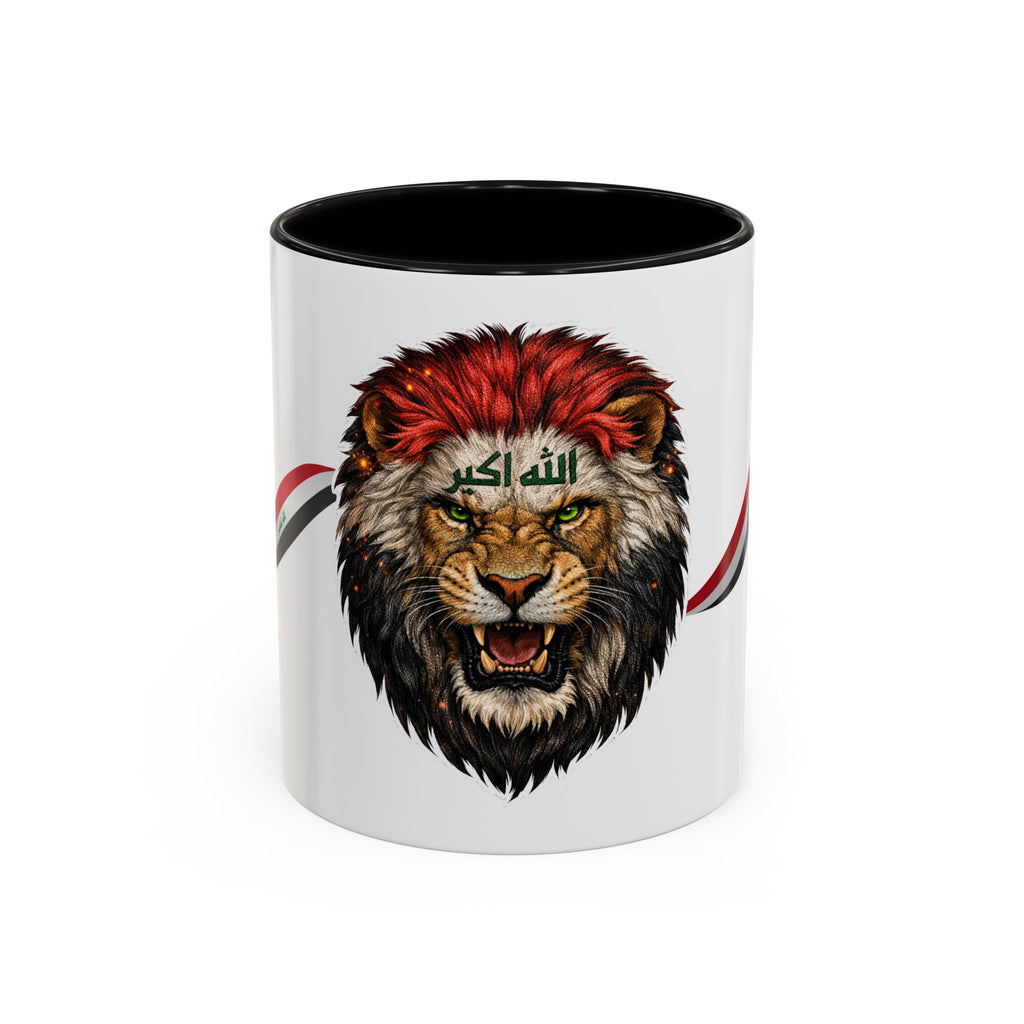 Iraq Lion Head Accent Coffee Mug with Arabic Script and Flag Ribbon – Patriotic Iraq Gift (11/15oz)