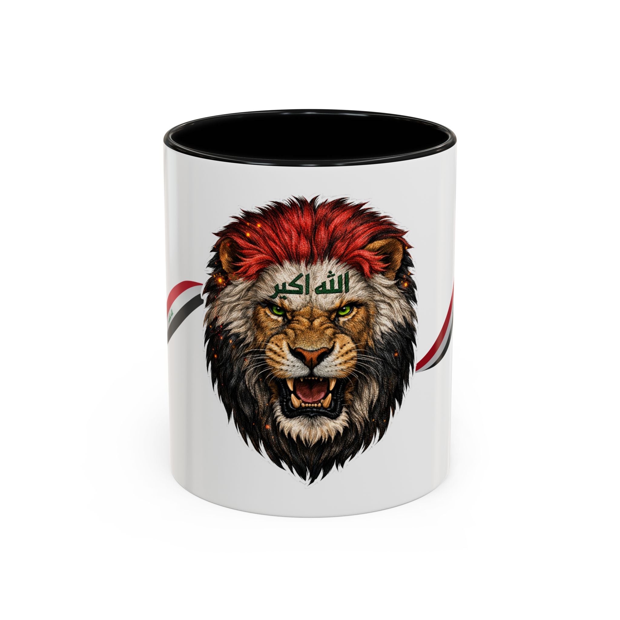 Iraq Lion Head Accent Coffee Mug with Arabic Script and Flag Ribbon – Patriotic Iraq Gift (11/15oz)