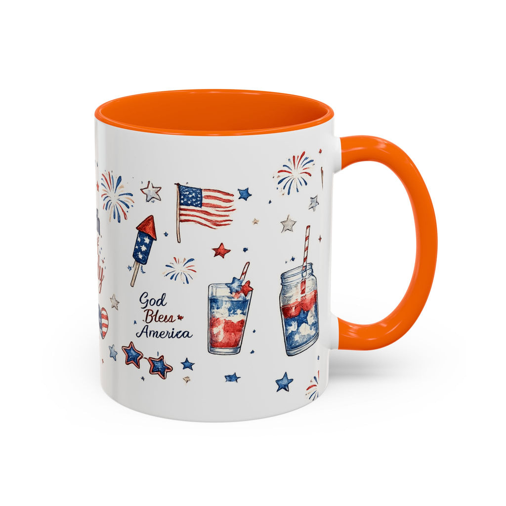 4th of July Accent Coffee Mug — Patriotic Fireworks & God Bless America Design (11oz)