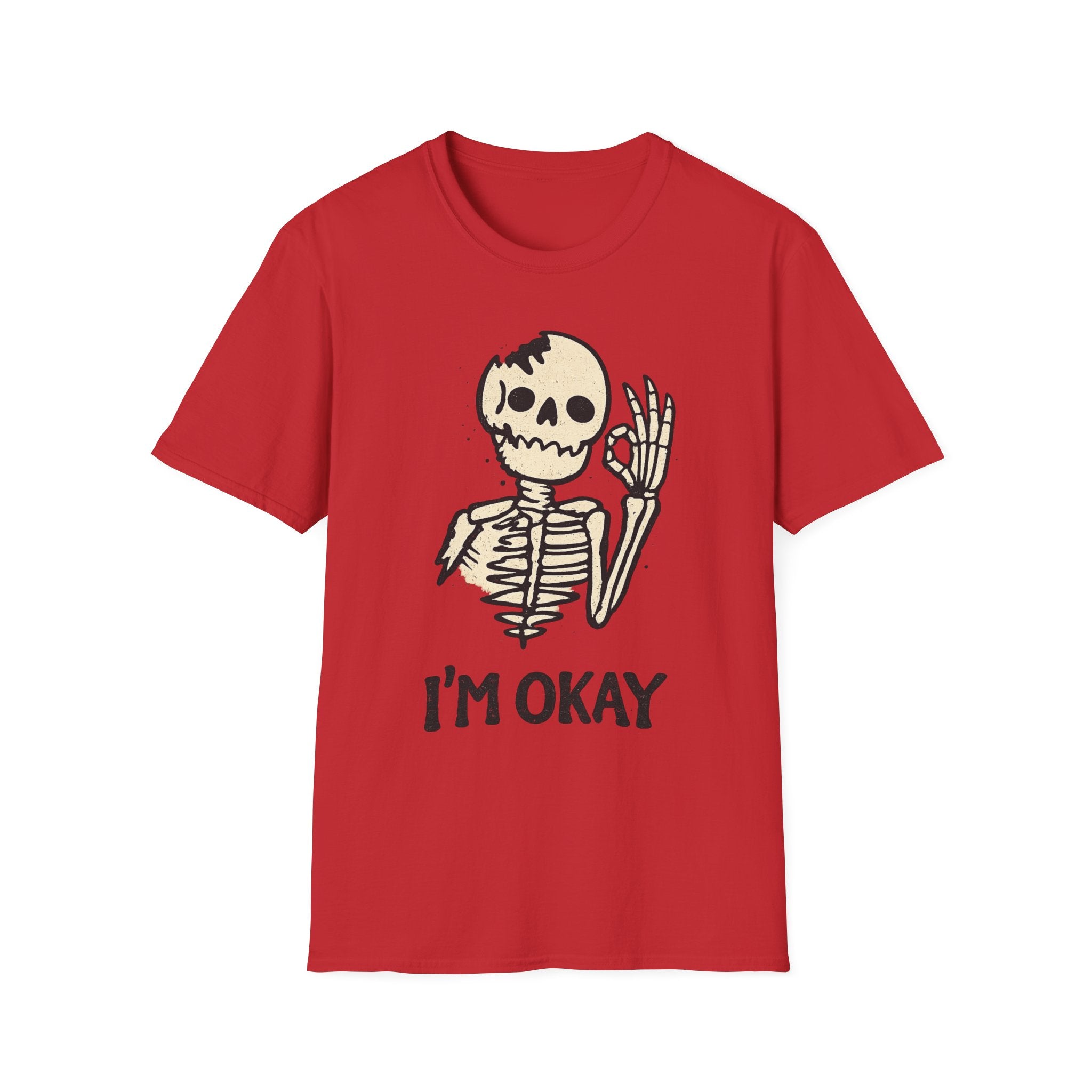 I'm Okay Skeleton T-Shirt — Cute Waving Skeleton Graphic Tee (Halloween, Spooky Casual)
