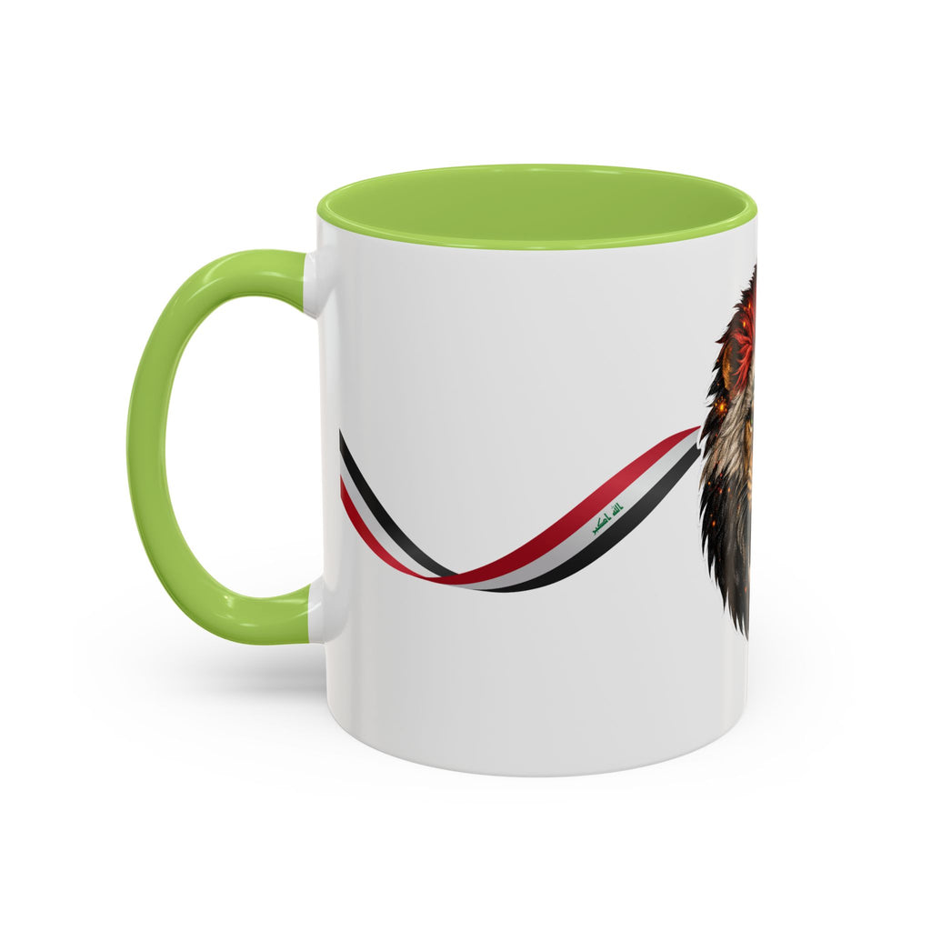 Iraq Lion Head Accent Coffee Mug with Arabic Script and Flag Ribbon – Patriotic Iraq Gift (11/15oz)