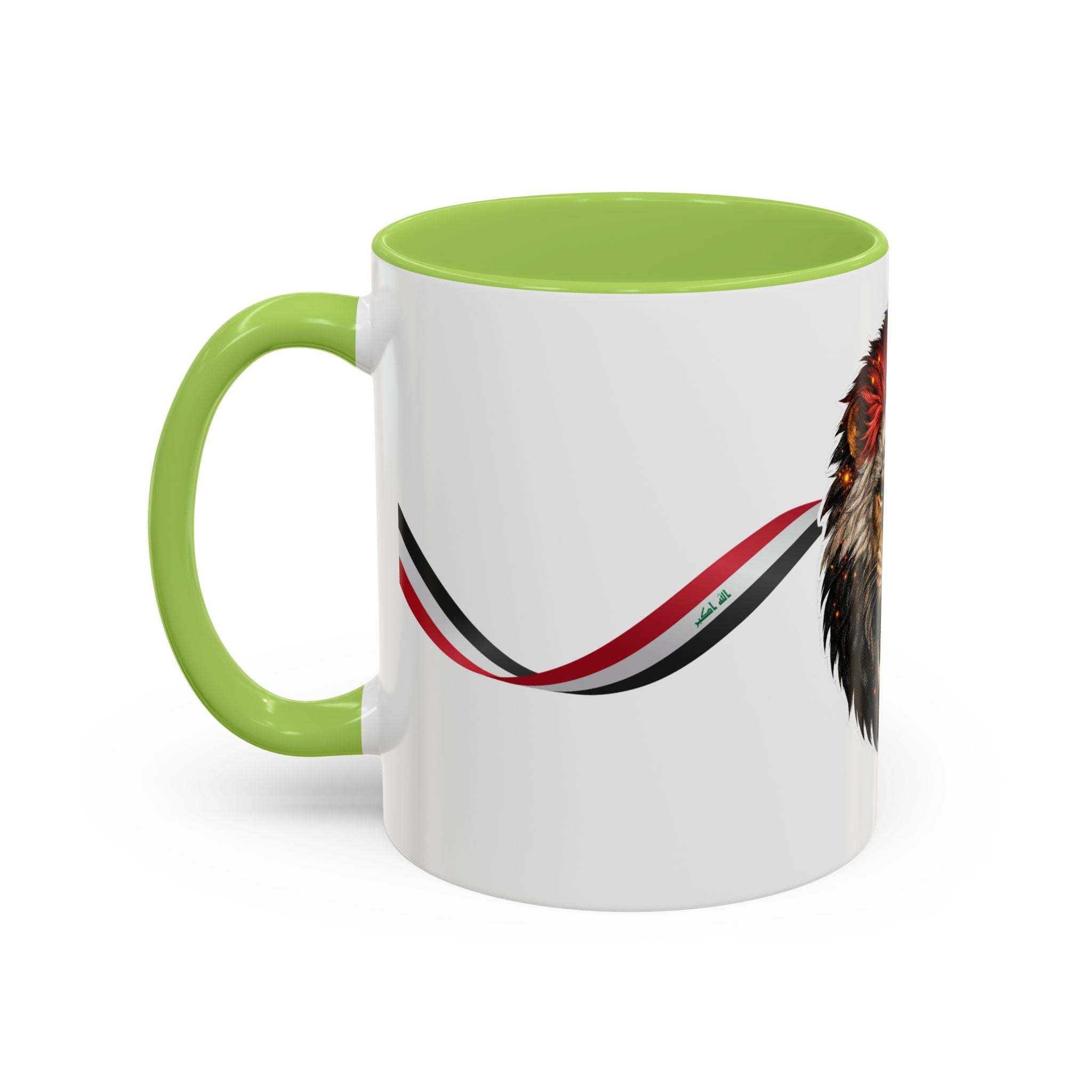 Iraq Lion Head Accent Coffee Mug with Arabic Script and Flag Ribbon – Patriotic Iraq Gift (11/15oz)