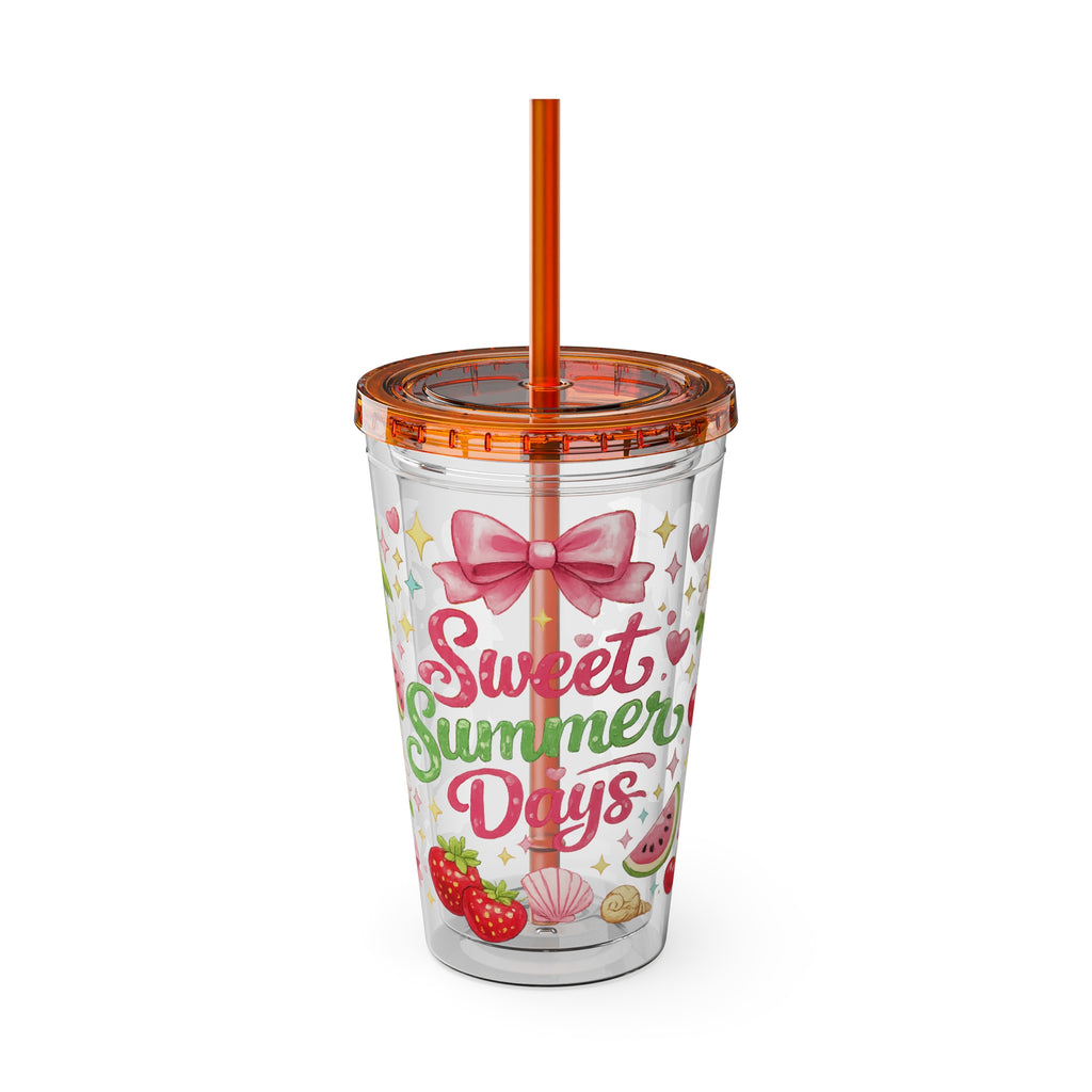 Sweet Summer Days Tumbler — 16oz Clear Straw Cup with Tropical Fruits & Bow Design