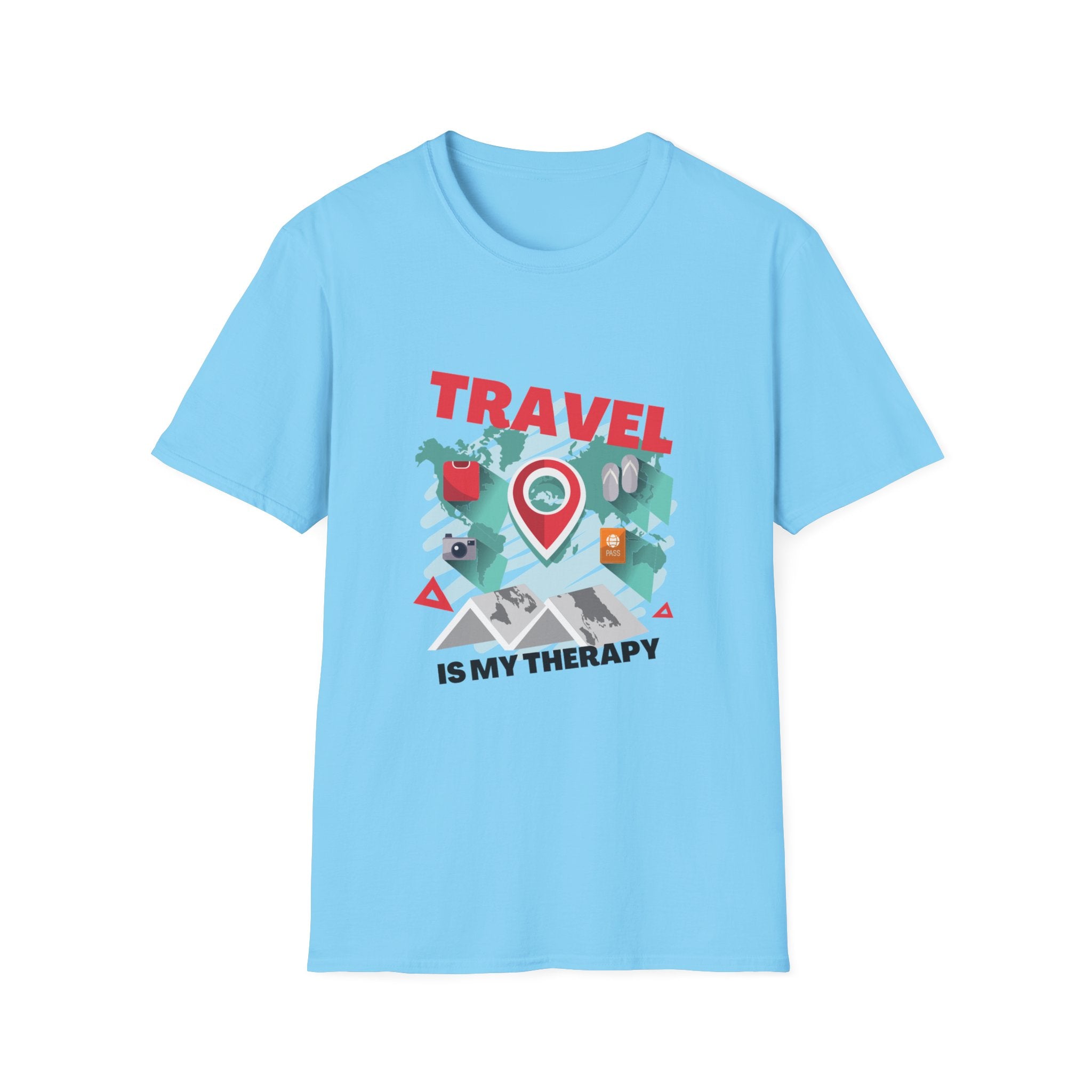Travel Is My Therapy T-Shirt — Wanderlust Map Tee for Travelers & Adventure Lovers