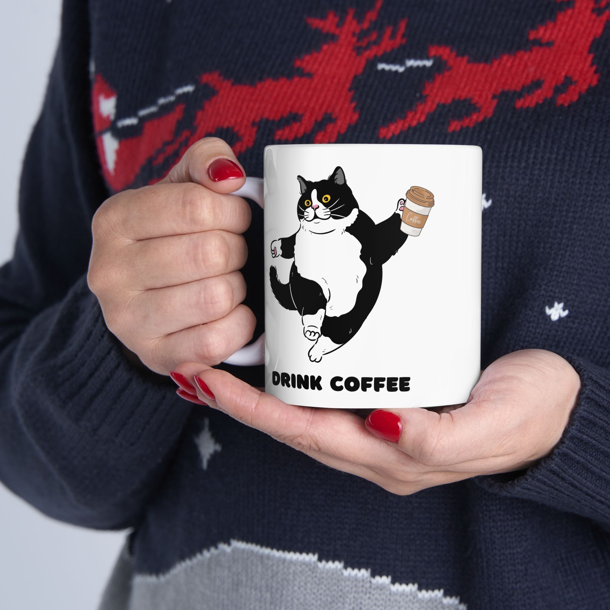 Cat Coffee Mug — "Drink Coffee, Break!" Cute Tuxedo Cat Tea Cup (11oz & 15oz)