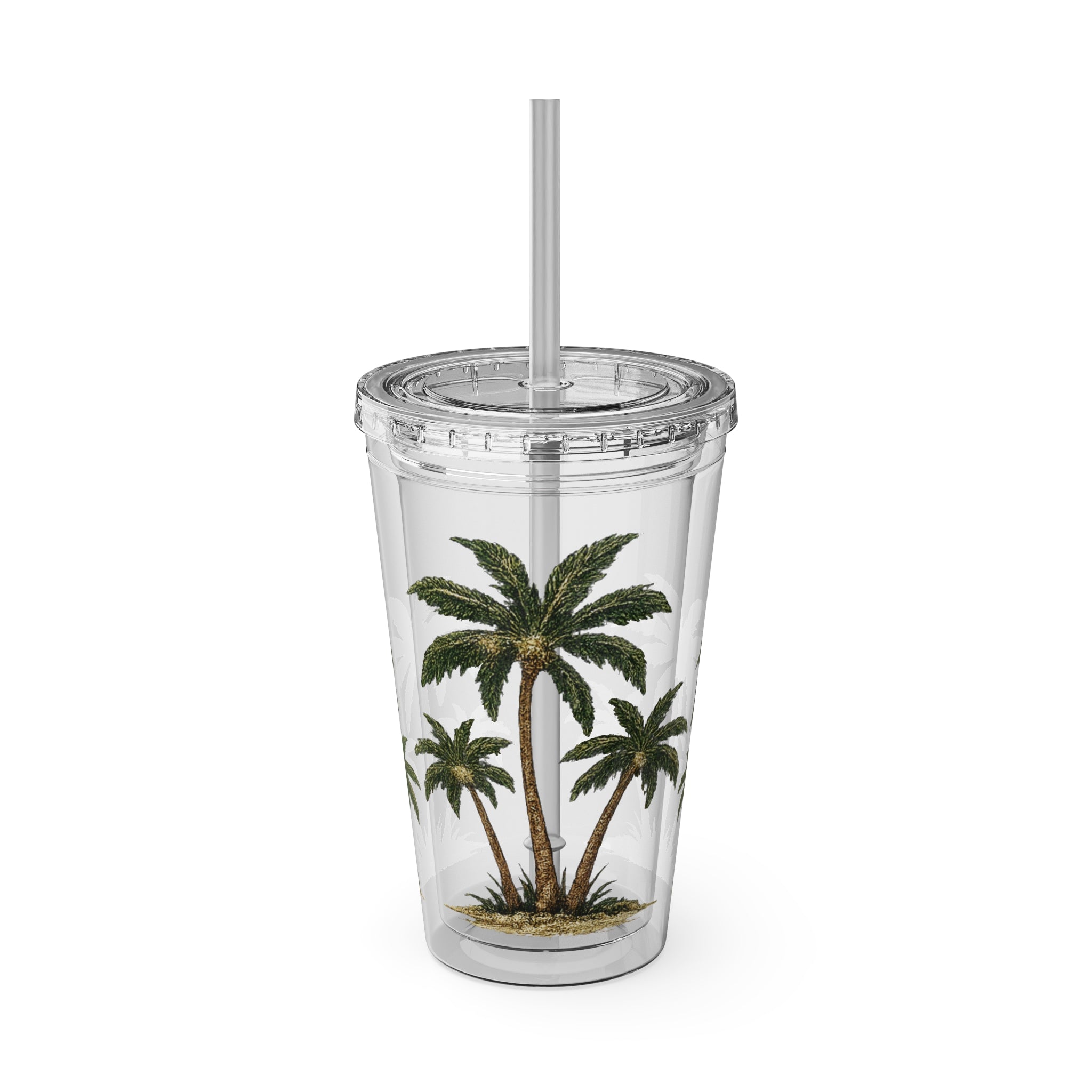 Palm Tree Tumbler — 16oz Clear Travel Cup with Straw, Tropical Sunsplash Design