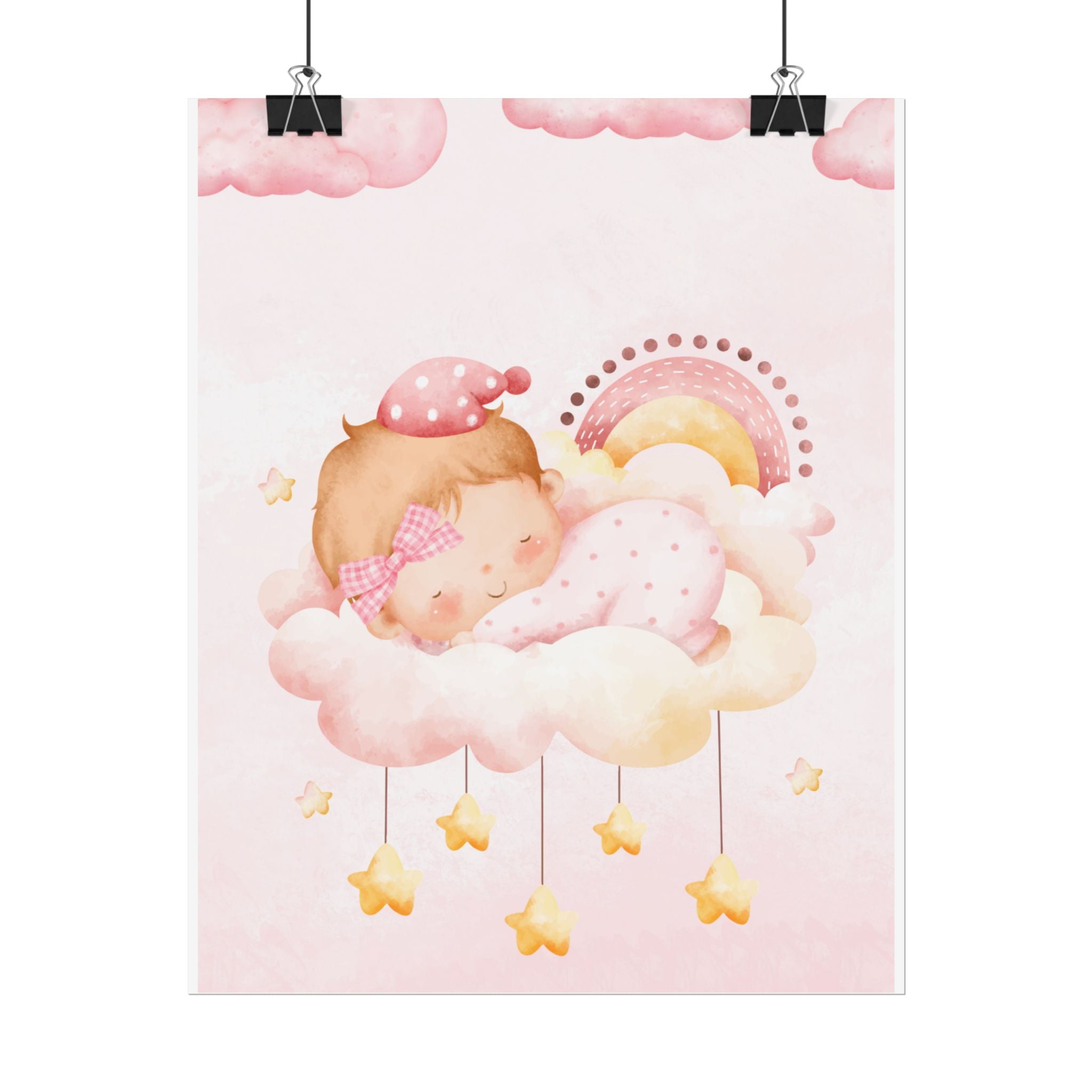Baby Girl Nursery Poster – Sleeping Baby on Cloud Pink Wall Art
