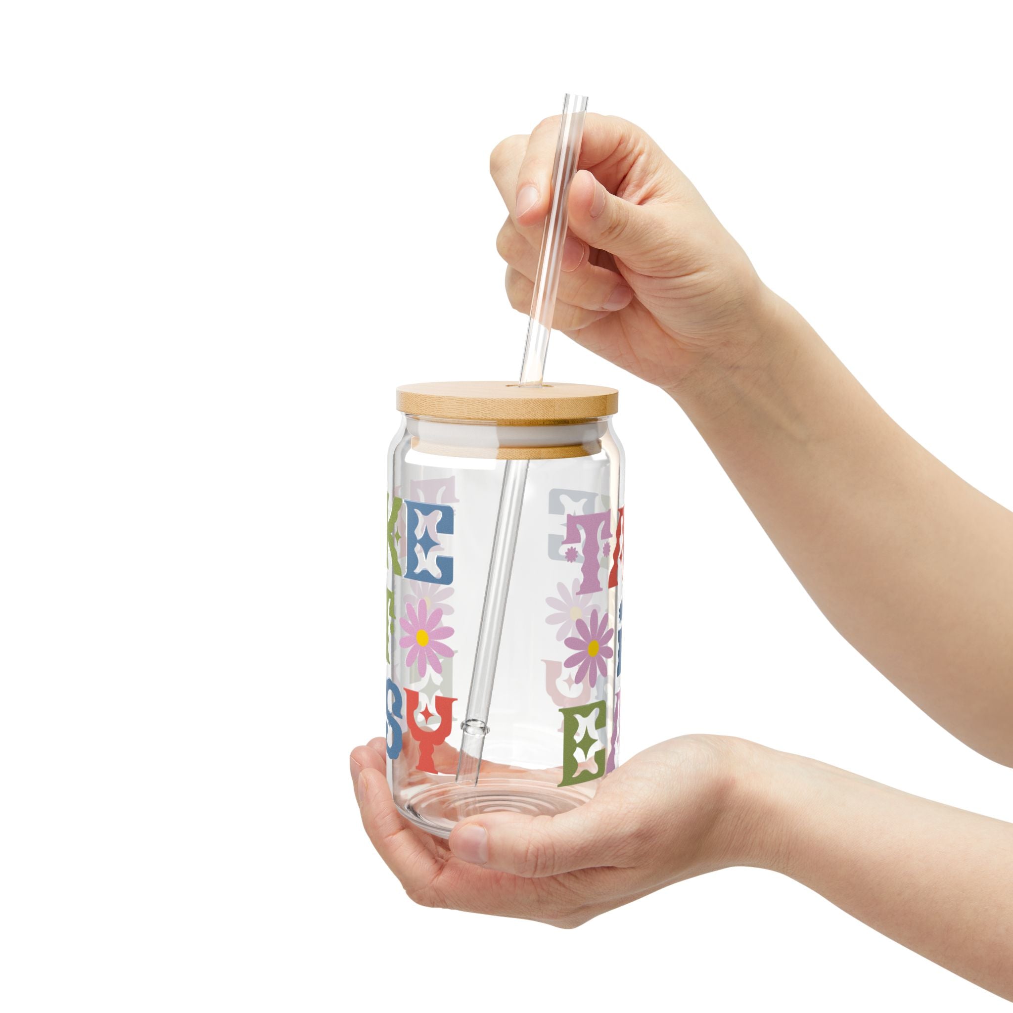 Take It Easy 16oz Glass Sipper with Straw — Retro Floral Typography