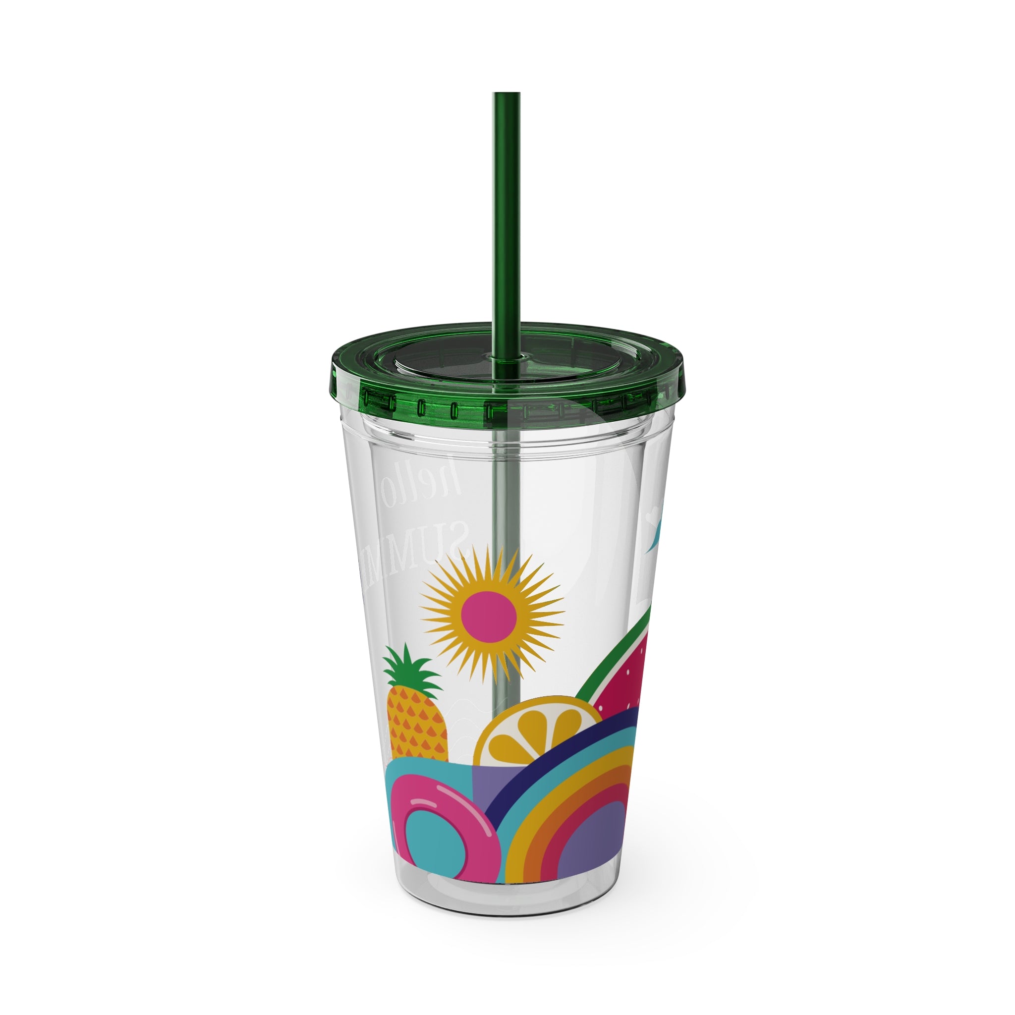 16oz Sunsplash Tumbler with Straw — "Hello Summer" Colorful Beach Vibes