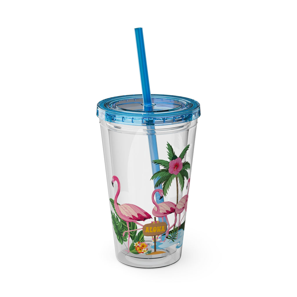 Flamingo Palm Tumbler — 16oz Sunsplash Straw Cup