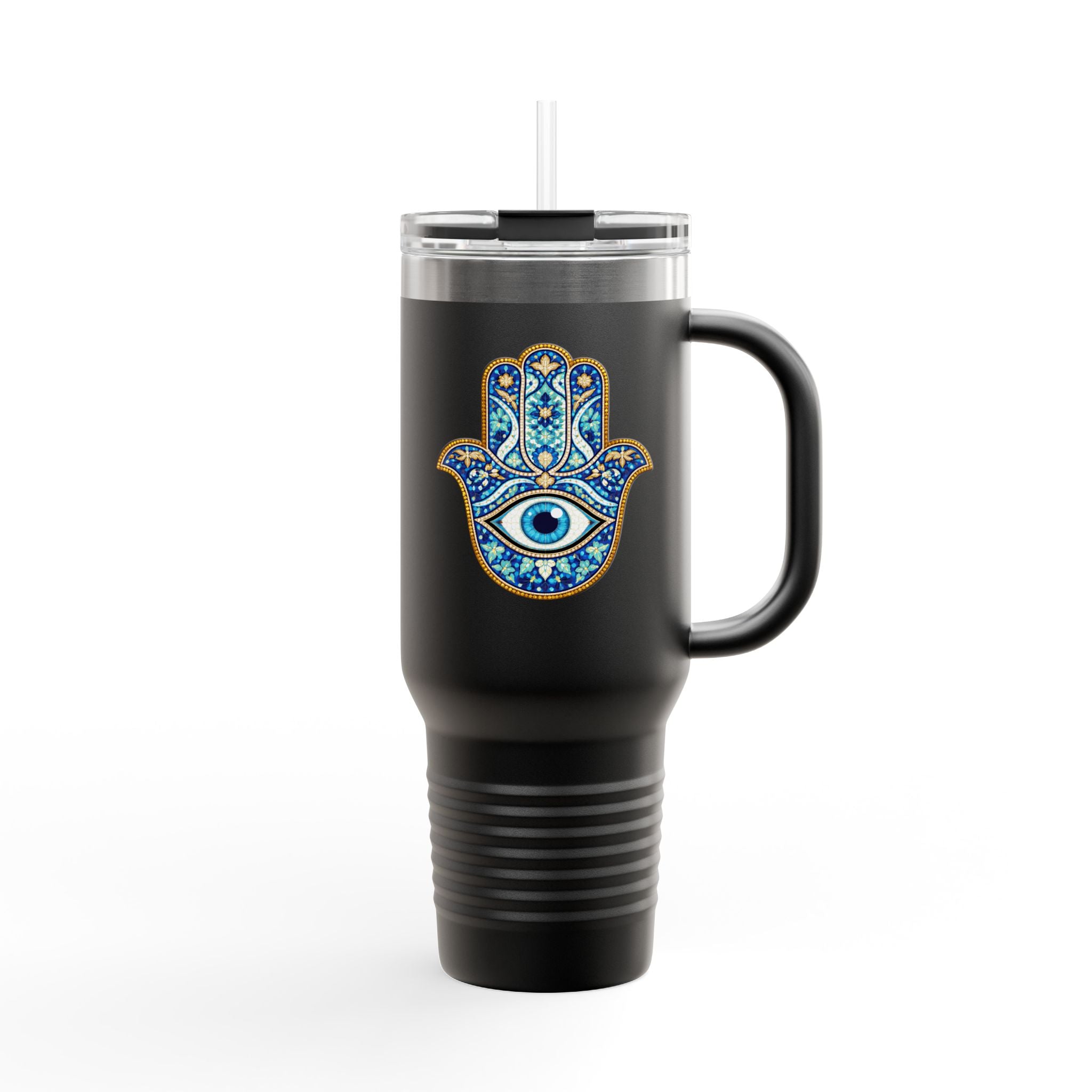 Hamsa Hand 40oz Insulated Travel Mug — Blue Evil Eye Tumbler