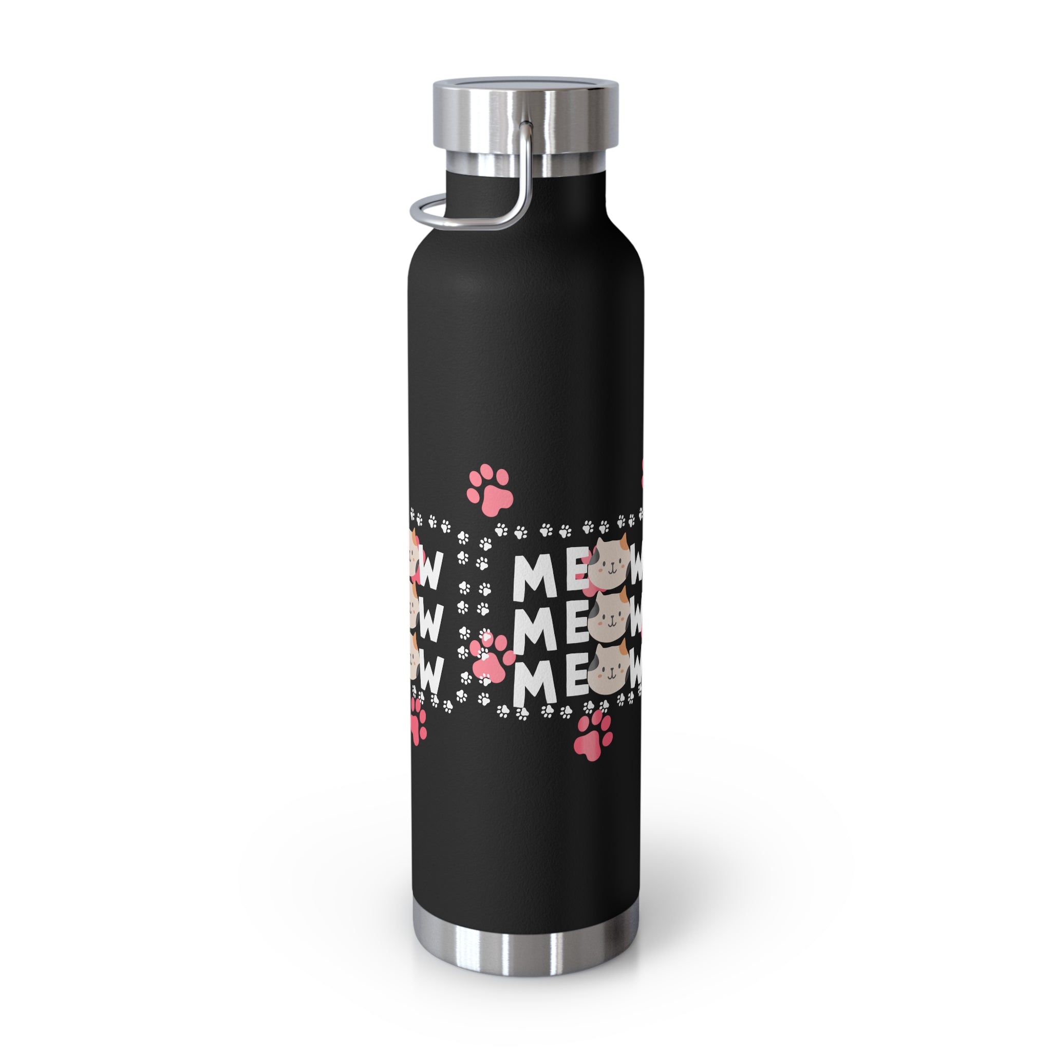 22oz Insulated Bottle — Red 'MEOW' Cute Cat Paw Print Design