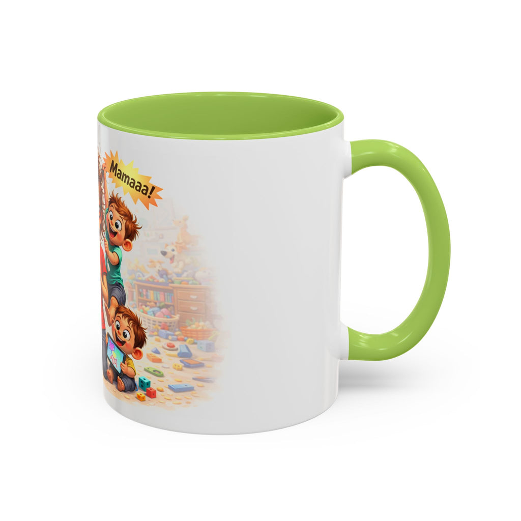 Coffee Mug – Funny Tired Mom Cartoon with Arabic “Mamaaa!” Designاهرب على فين