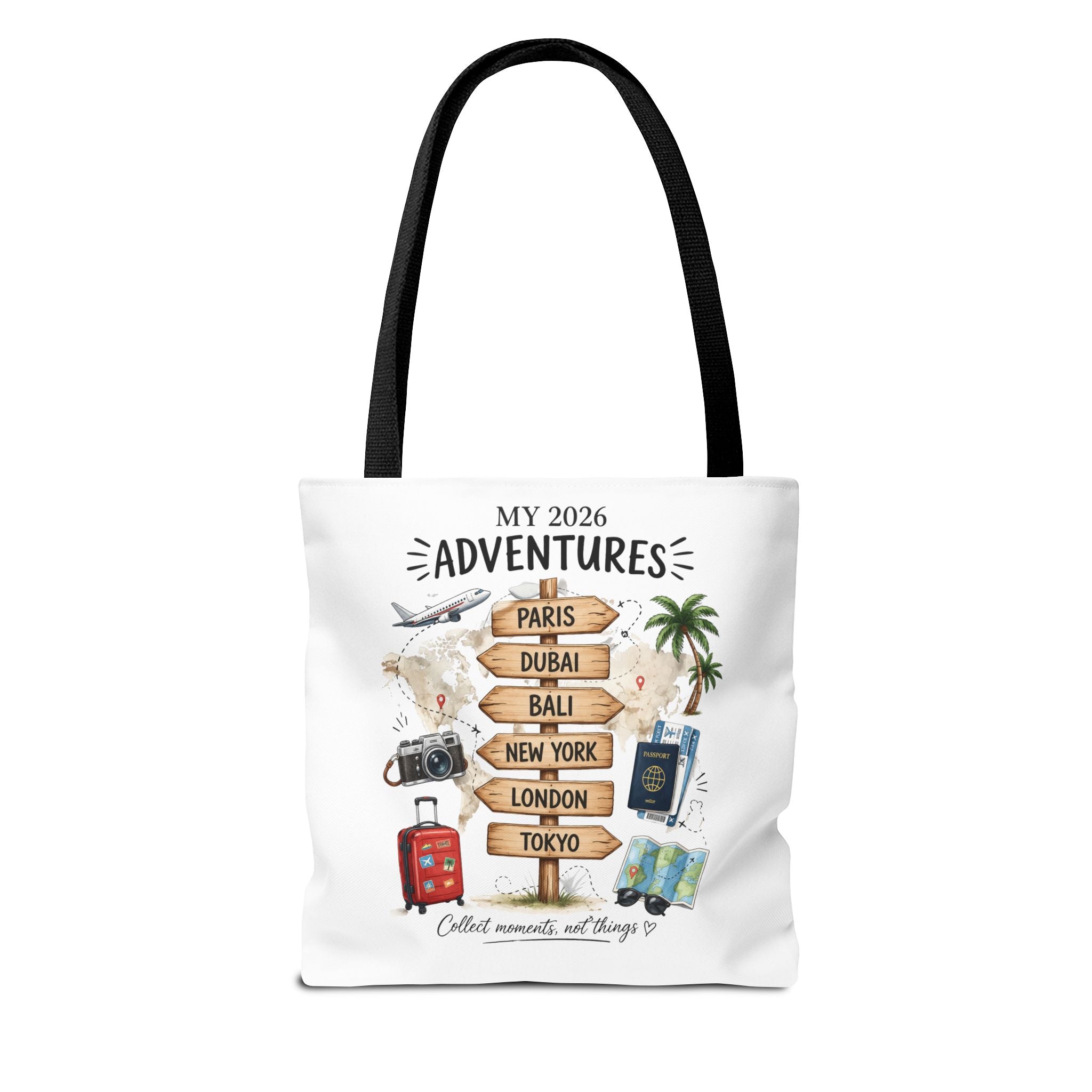 2026 Travel Adventures Tote Bag — 'My 2026 Adventures' World Cities Signpost Design