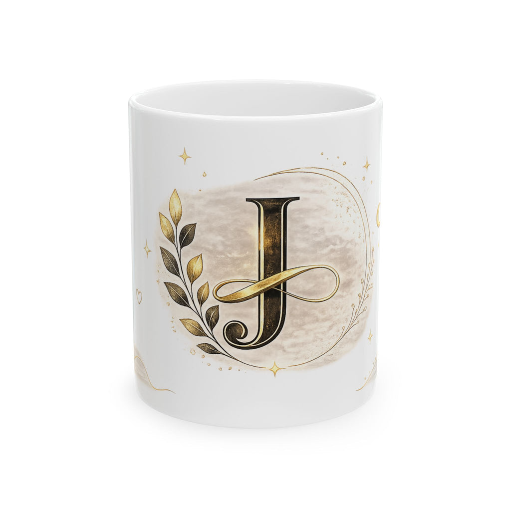 Monogram J Ceramic Mug — Elegant Gold Initial Coffee Cup
