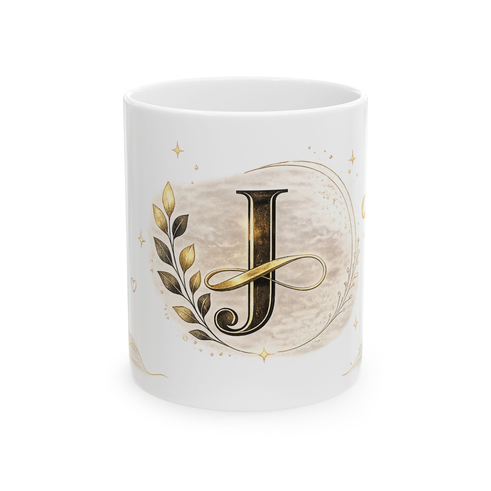 Monogram J Ceramic Mug — Elegant Gold Initial Coffee Cup
