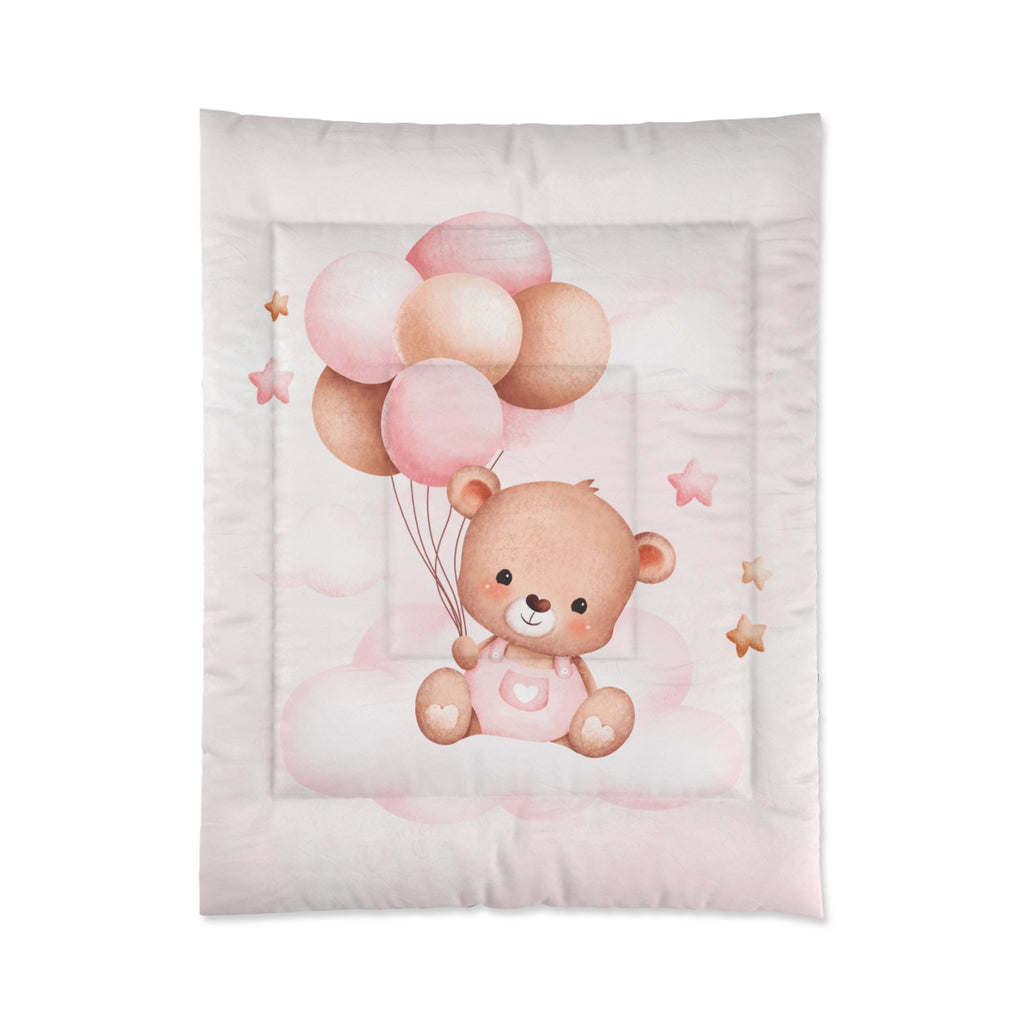 Comforter - Cute Bear with Balloons Pink Nursery Bedding, Baby Girl Toddler Blanket