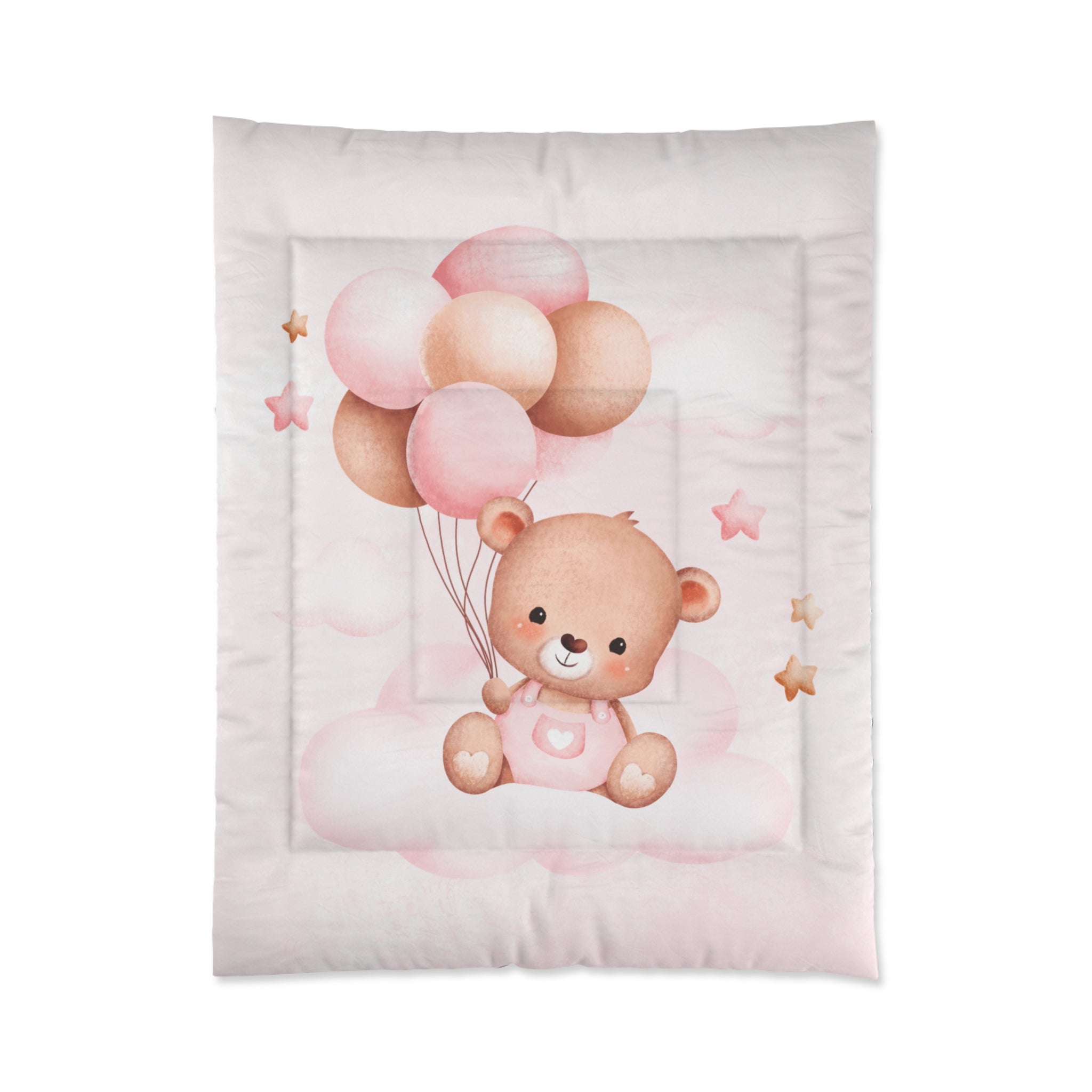 Comforter - Cute Bear with Balloons Pink Nursery Bedding, Baby Girl Toddler Blanket