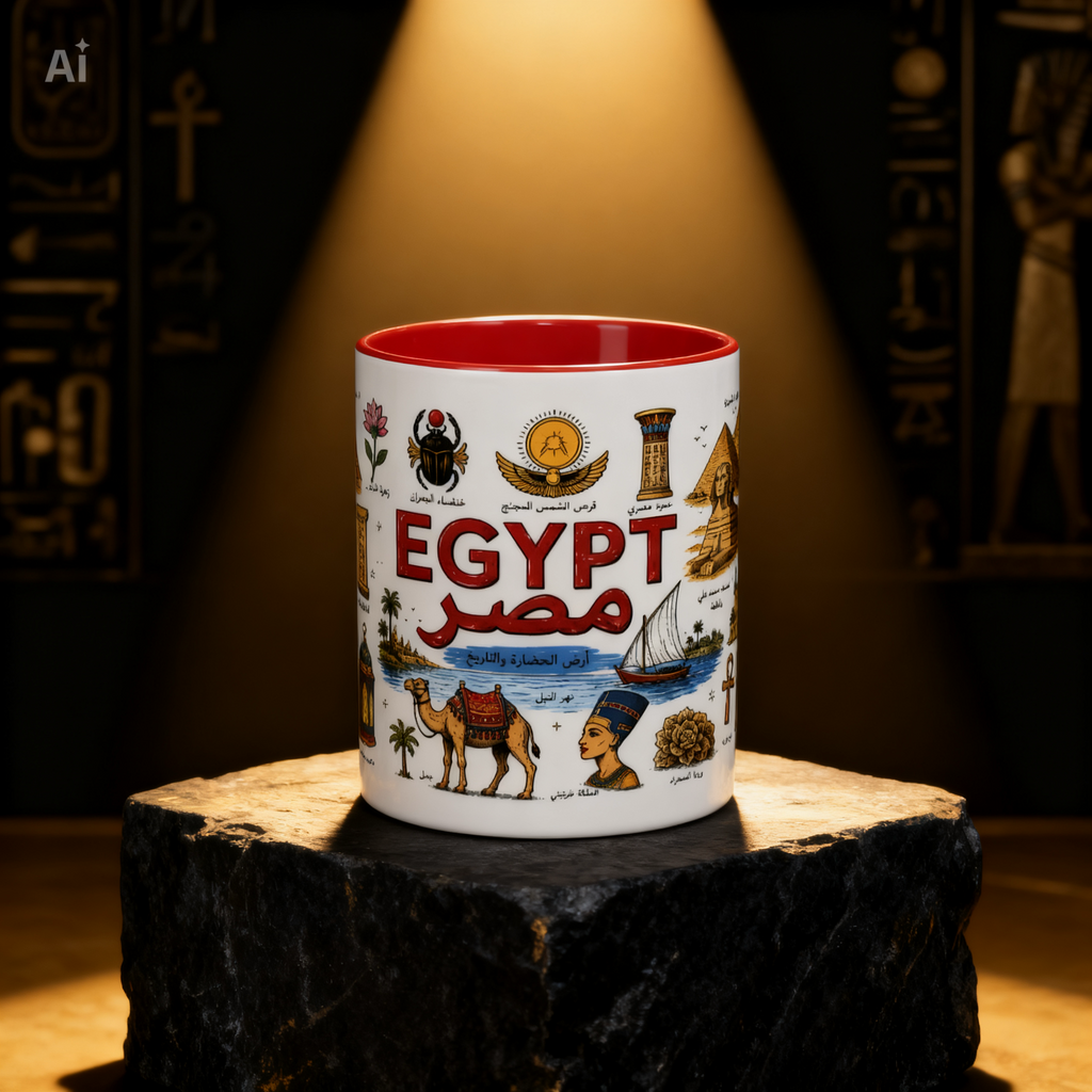Egypt Landmarks Coffee Mug — Vintage Egyptian Icons & Arabic 'Egypt' Design (11oz)