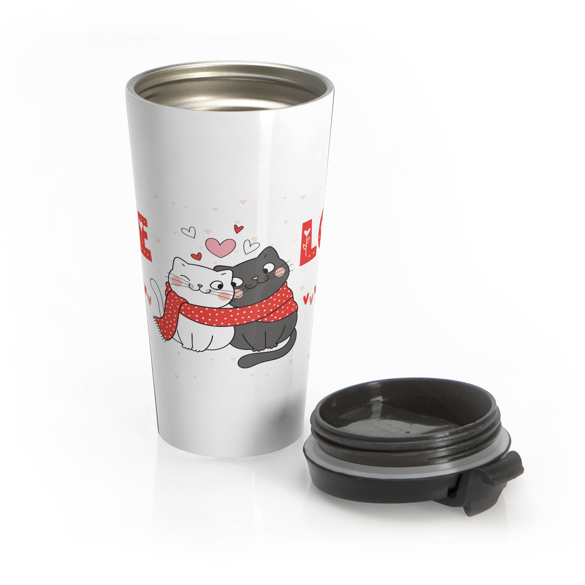 Travel Mug - Cute Cat Couples "Love" Stainless Steel Tumbler (Valentine's Gift)