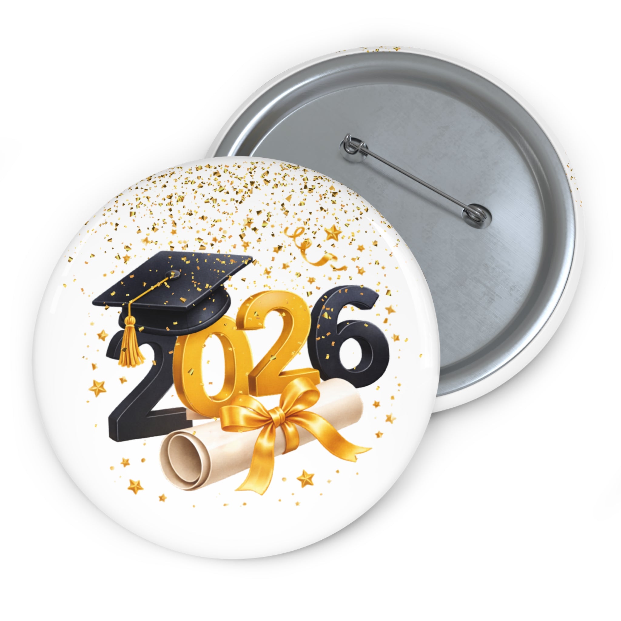 2026 Graduation Pin Button – Cap, Diploma & Gold Confetti Badge
