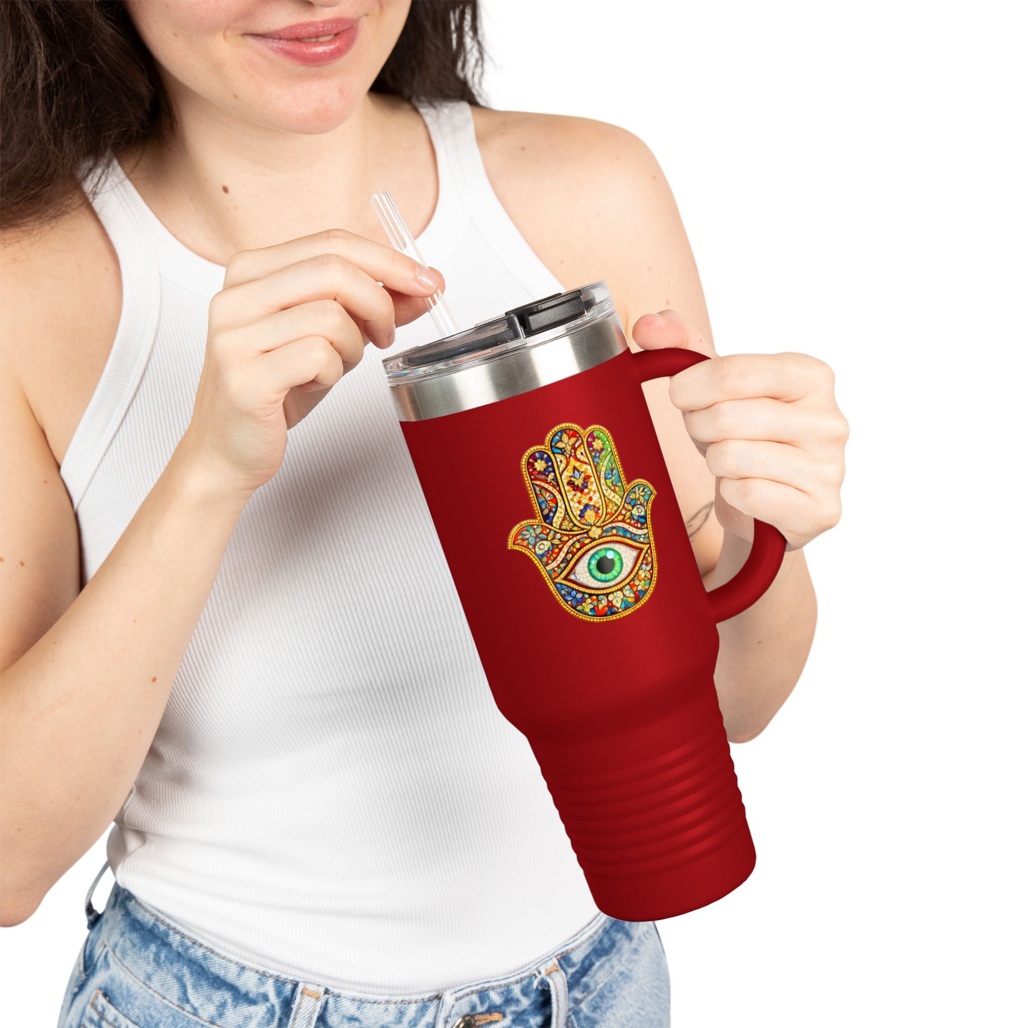 40oz Insulated Travel Mug – Colorful Hamsa Hand with Eye | Spiritual Protection Tumbler