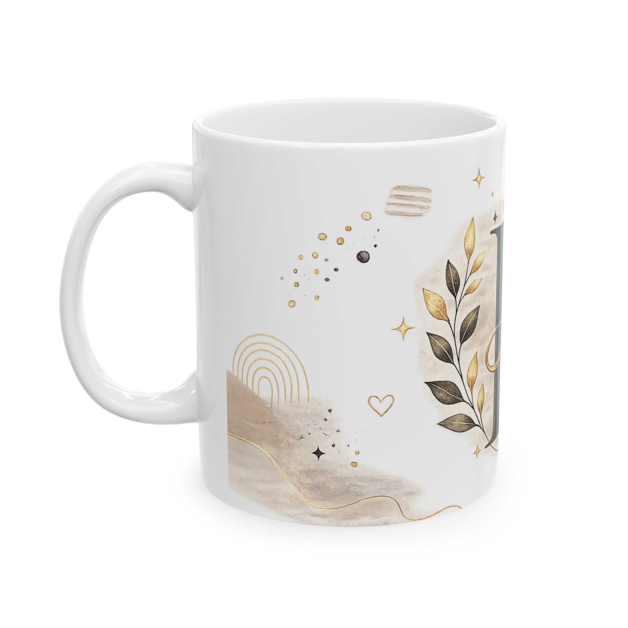 Monogram Letter B Ceramic Mug – Elegant Gold & Neutral Initial Coffee Cup