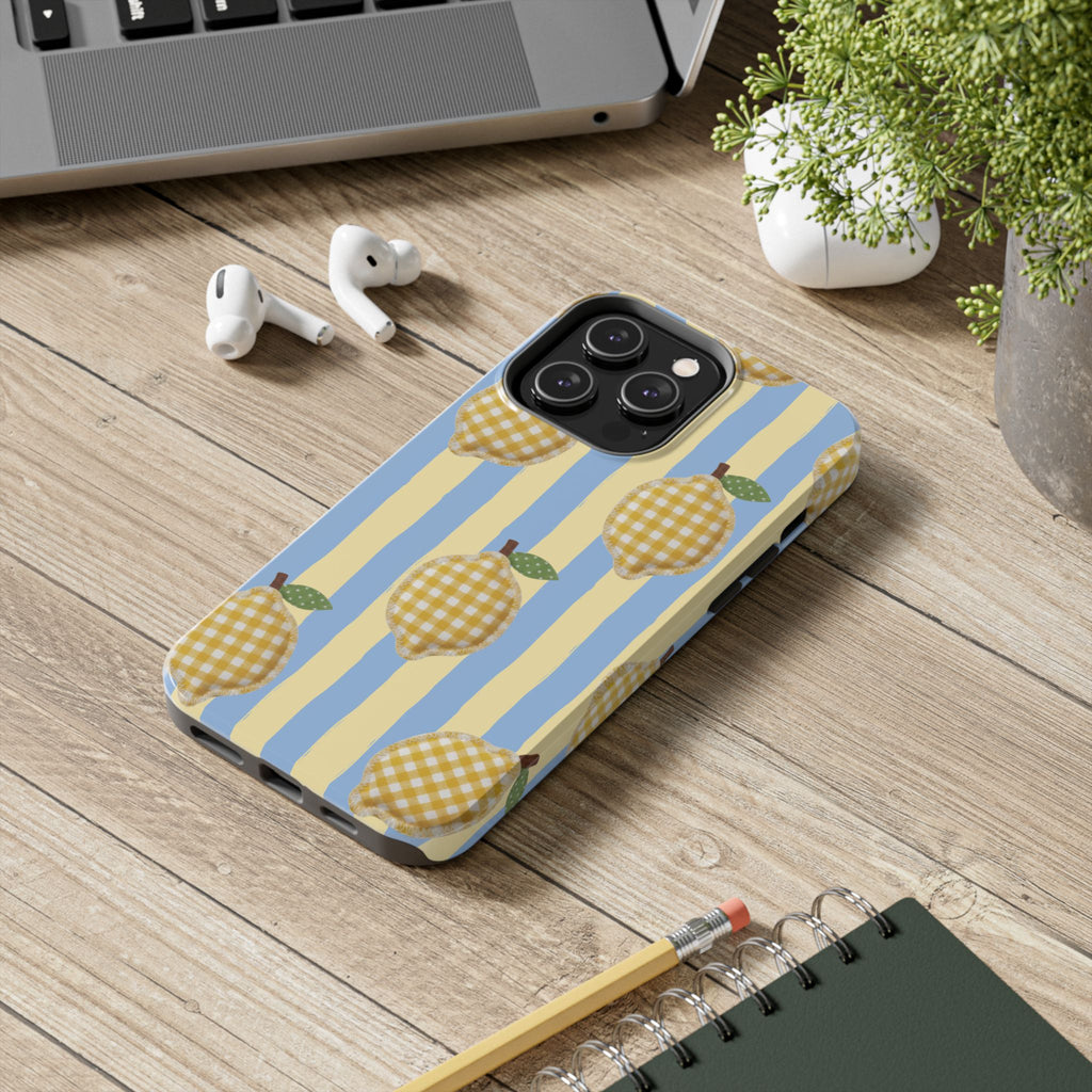 Tough Phone Case — Blue & Yellow Gingham Lemon Design