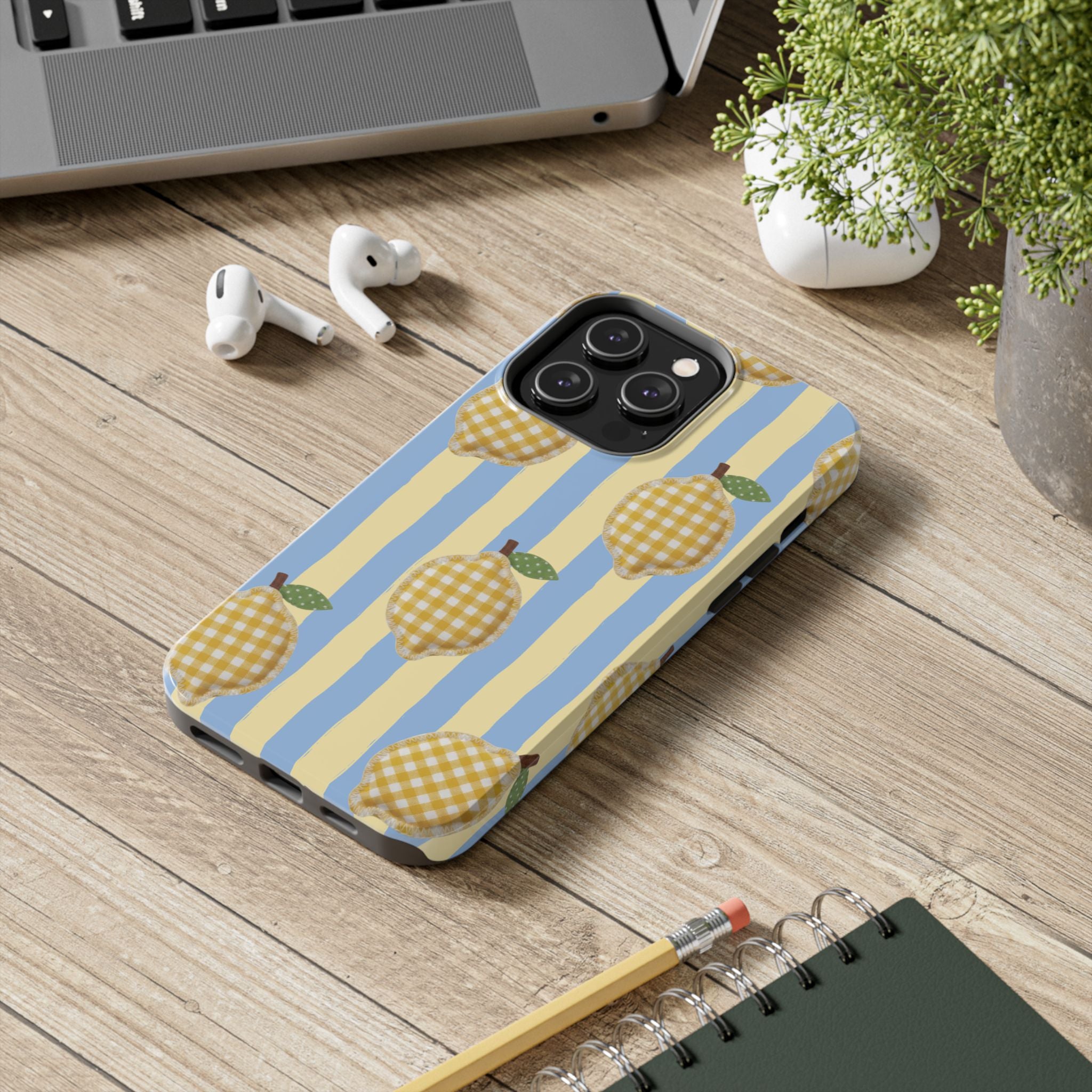Tough Phone Case — Blue & Yellow Gingham Lemon Design
