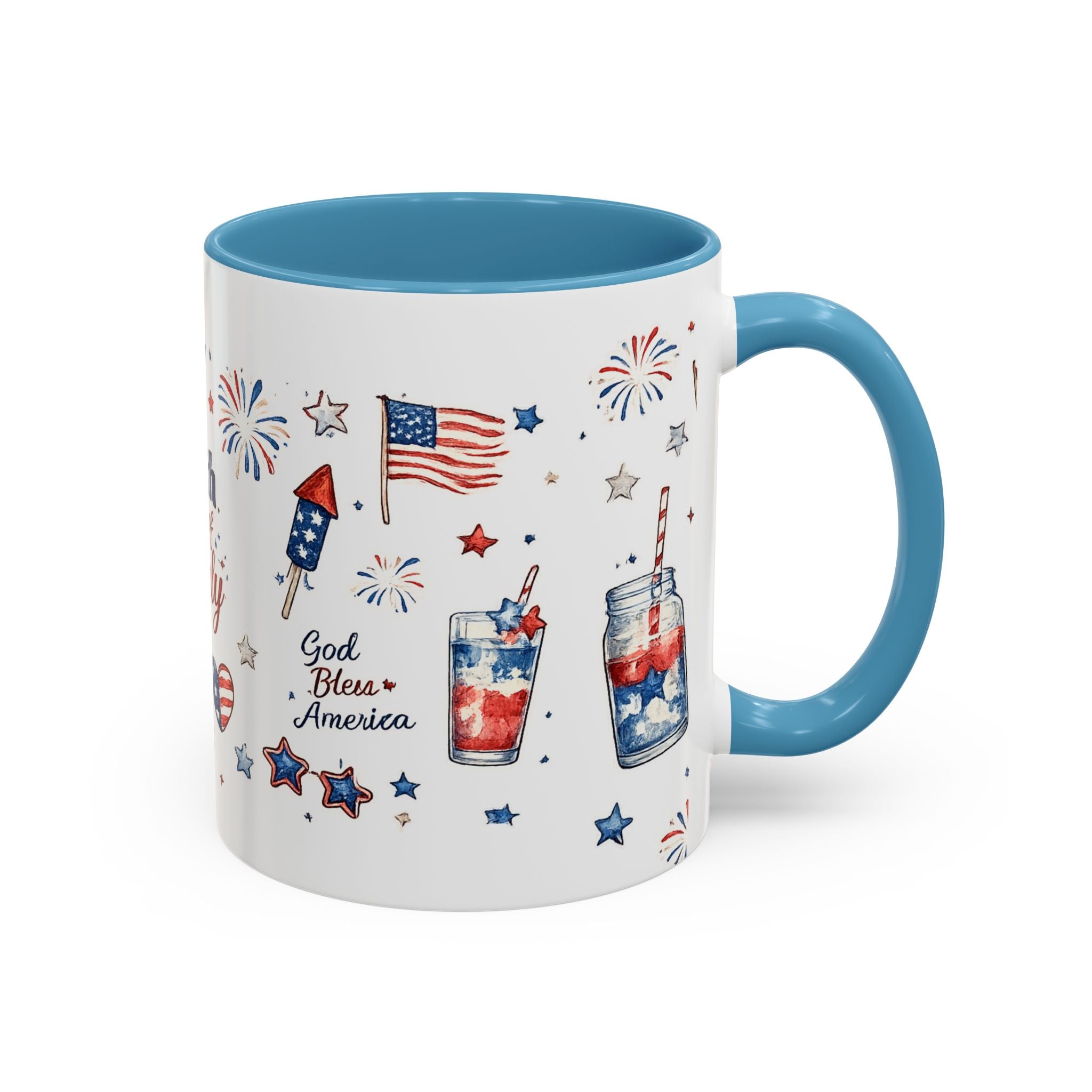 4th of July Accent Coffee Mug — Patriotic Fireworks & God Bless America Design (11oz)