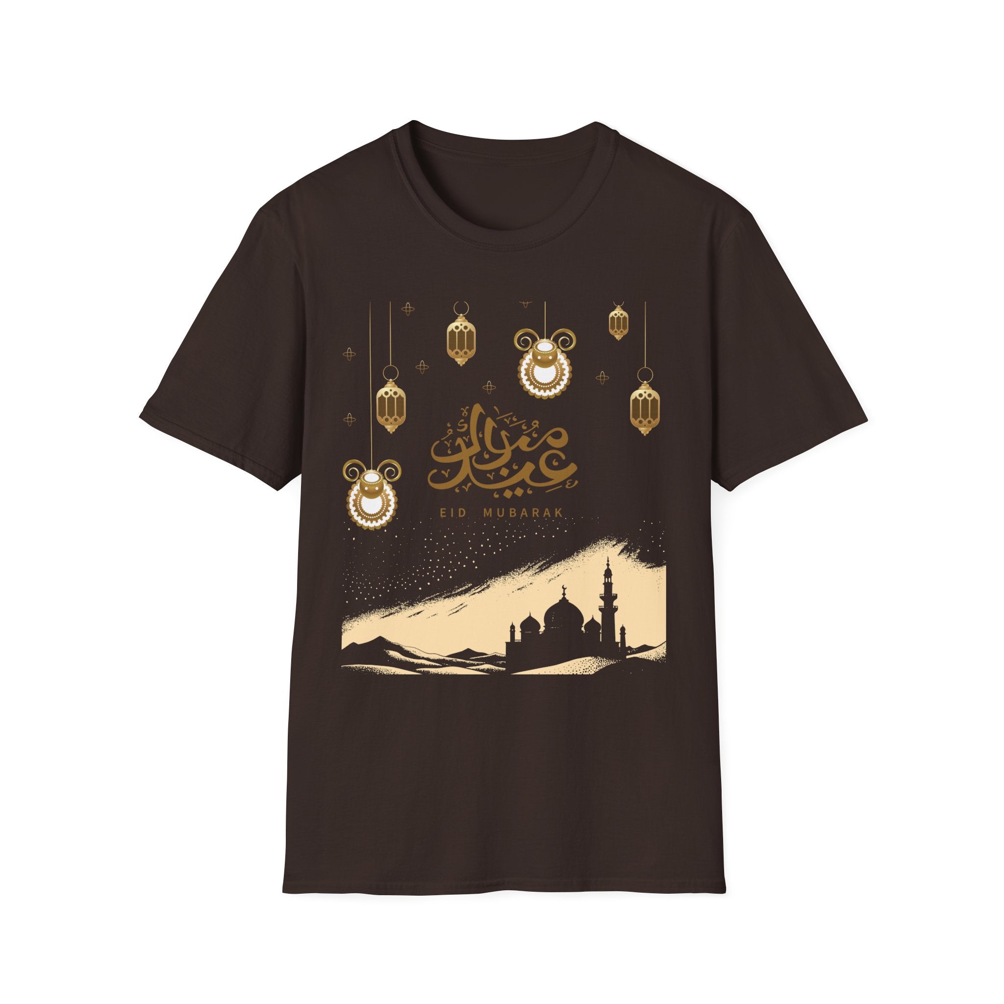 Eid Mubarak T-Shirt — Gold Lanterns & Mosque Silhouette