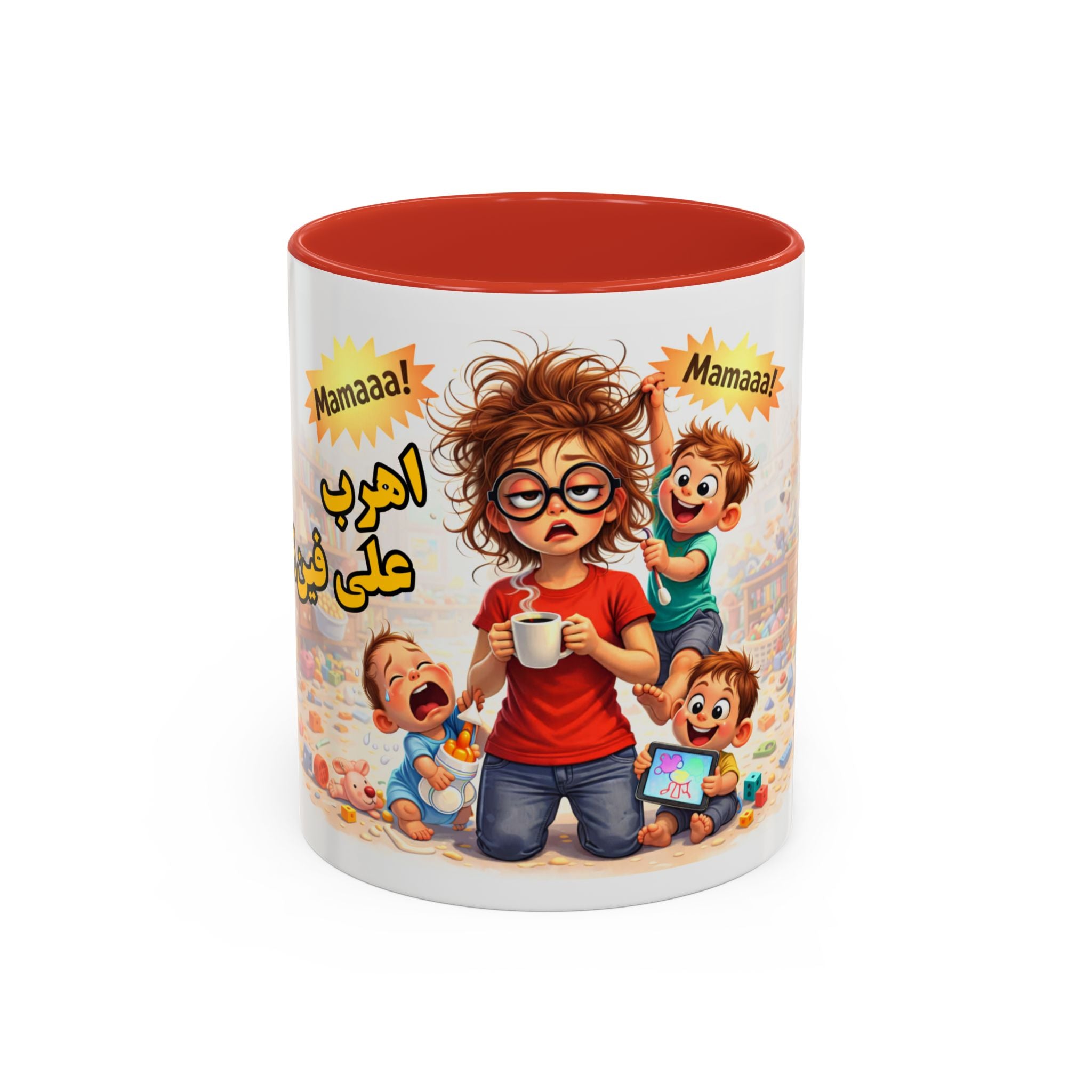 Coffee Mug – Funny Tired Mom Cartoon with Arabic “Mamaaa!” Designاهرب على فين