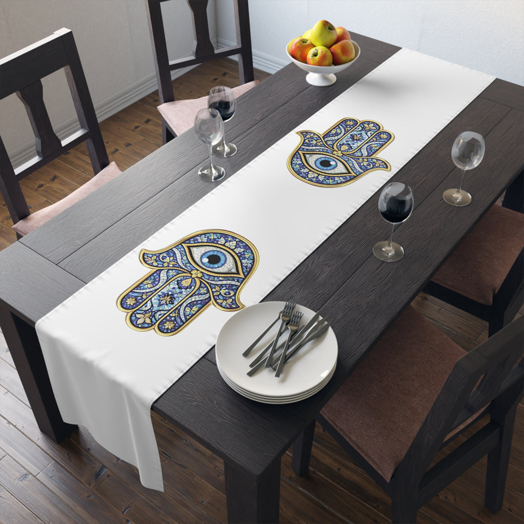 Hamsa Eye Table Runner — Blue Protective Hand Print Cotton-Poly Dining Decor