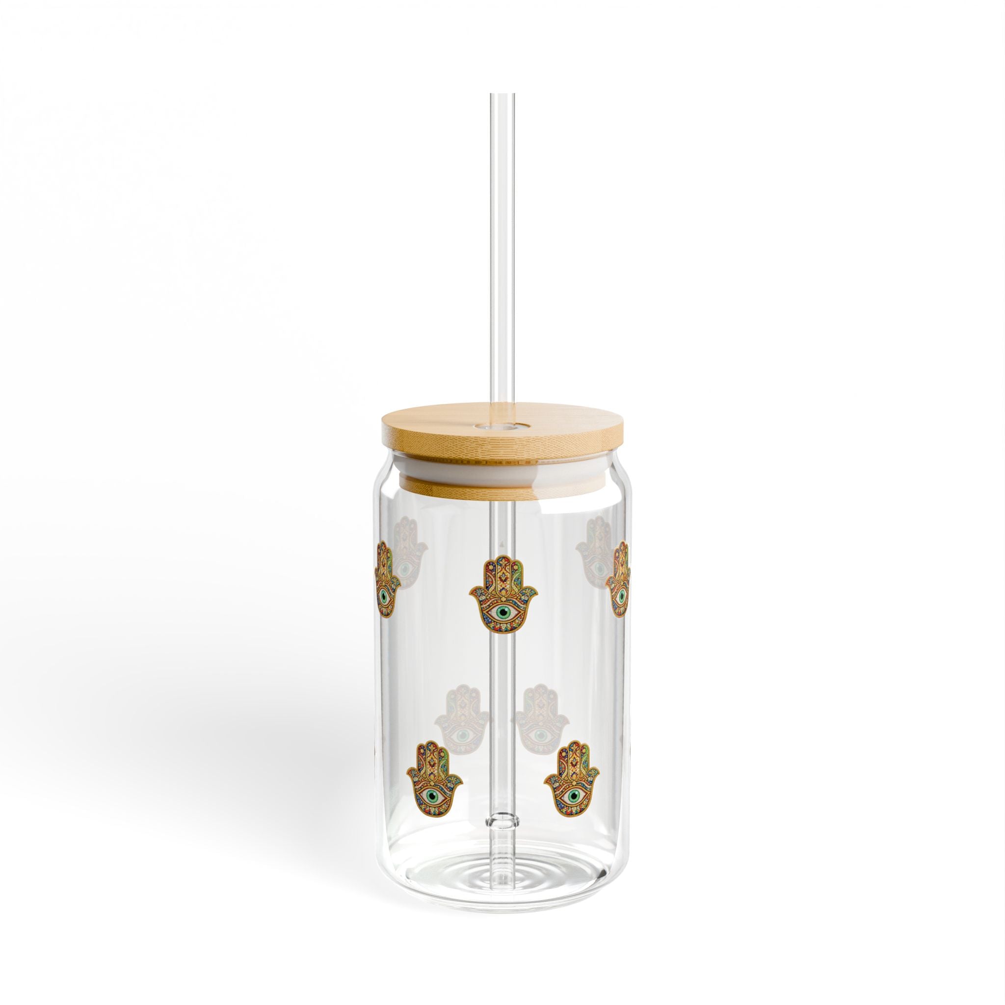 Hamsa Glass Sipper Cup - 16oz Bamboo Lid & Straw, Protective Hand Pattern Drinkware