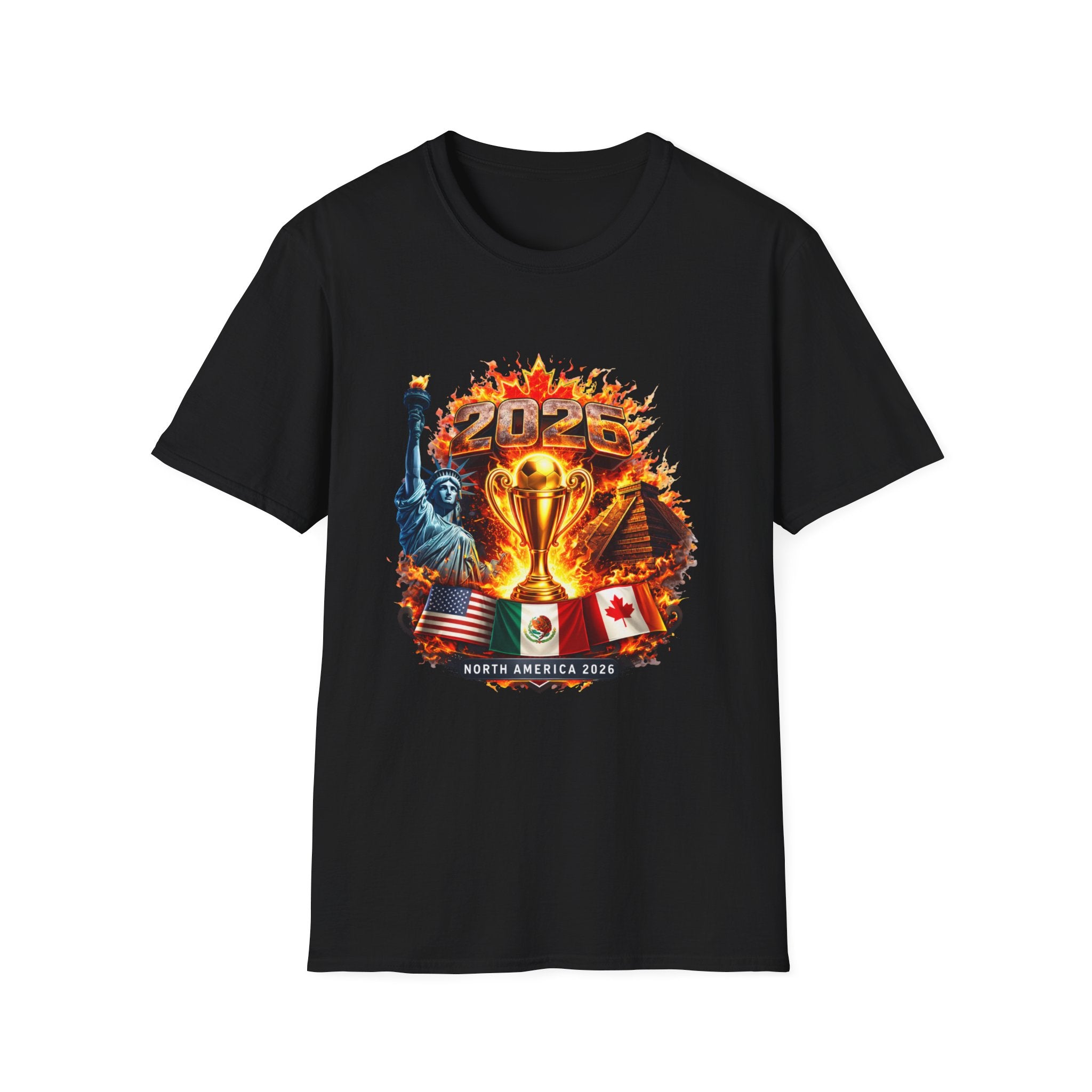 2026 North America Soccer Cup T-Shirt — Trophy, Statue of Liberty & Flags Graphic