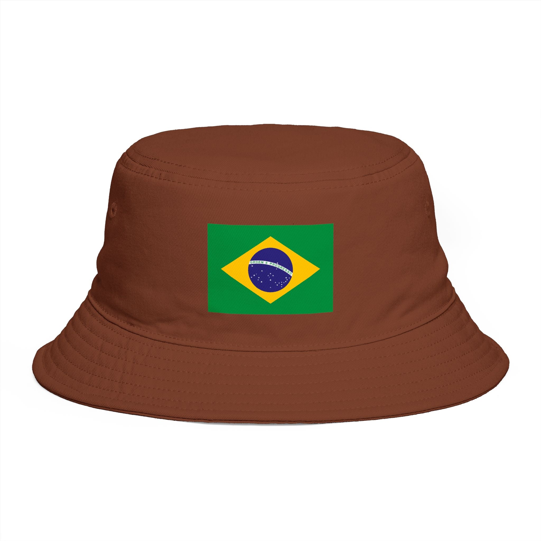Brazil Flag Bucket Hat — Brown Cotton Sun Hat with Brazilian Flag Patch