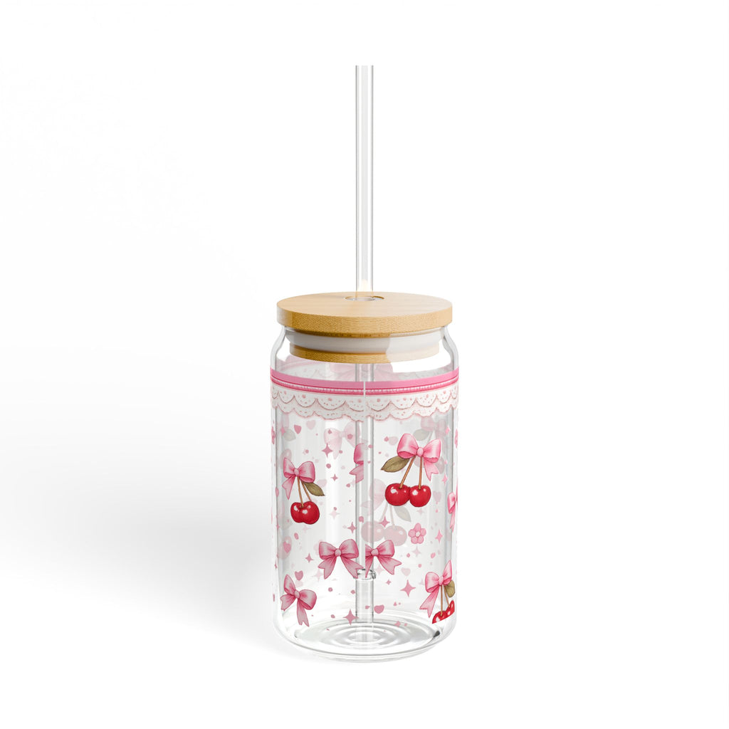 16oz Cherry Bow Sipper Glass - Cute Pink Ribbon Mason Tumbler with Straw
