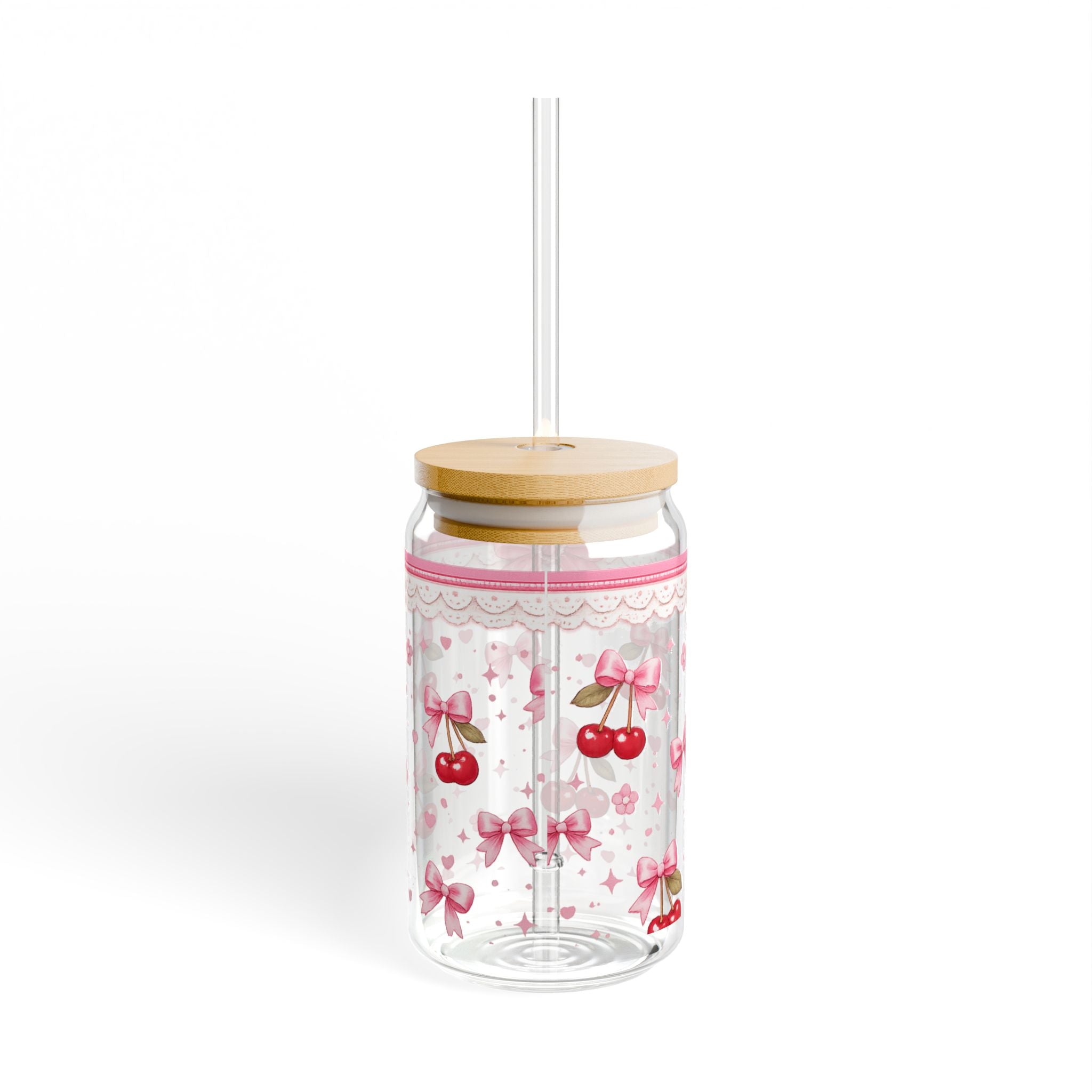 16oz Cherry Bow Sipper Glass - Cute Pink Ribbon Mason Tumbler with Straw