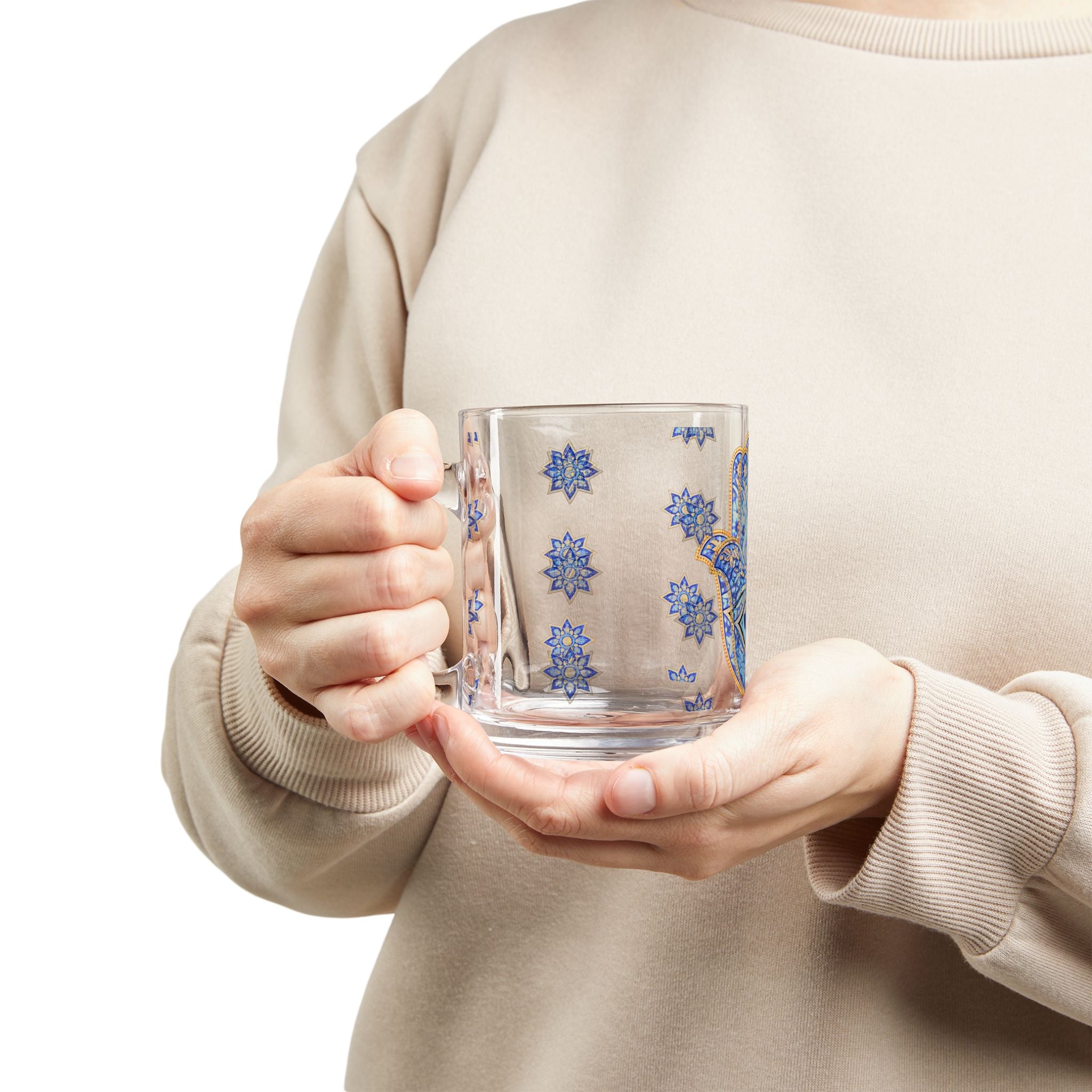 Hamsa Evil Eye Glass Mug — 10oz Blue Mosaic Protection Tea/Coffee Cup