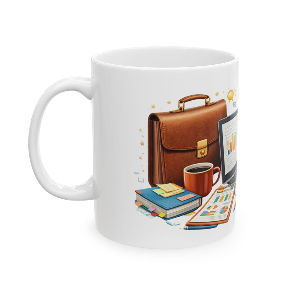 Office Productivity Ceramic Mug — Work Desk Illustration Coffee Cup (11oz/15oz)