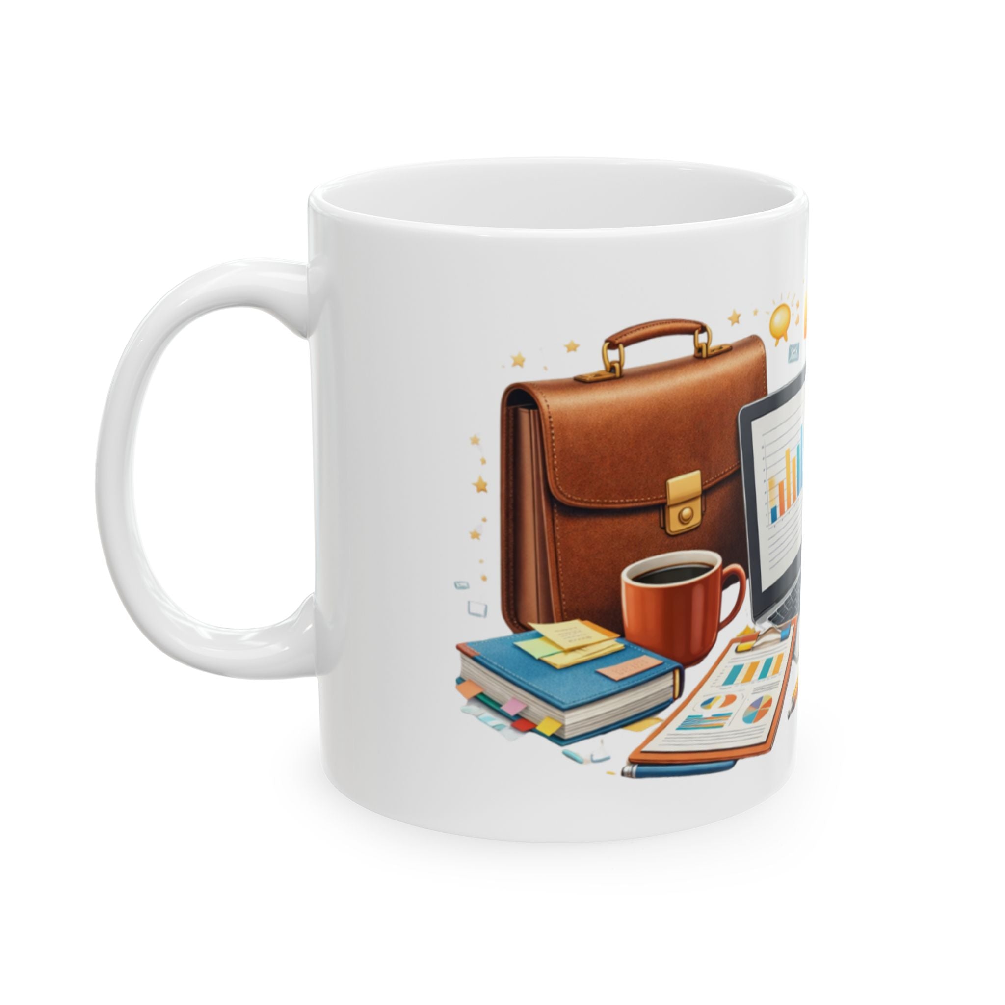 Office Productivity Ceramic Mug — Work Desk Illustration Coffee Cup (11oz/15oz)