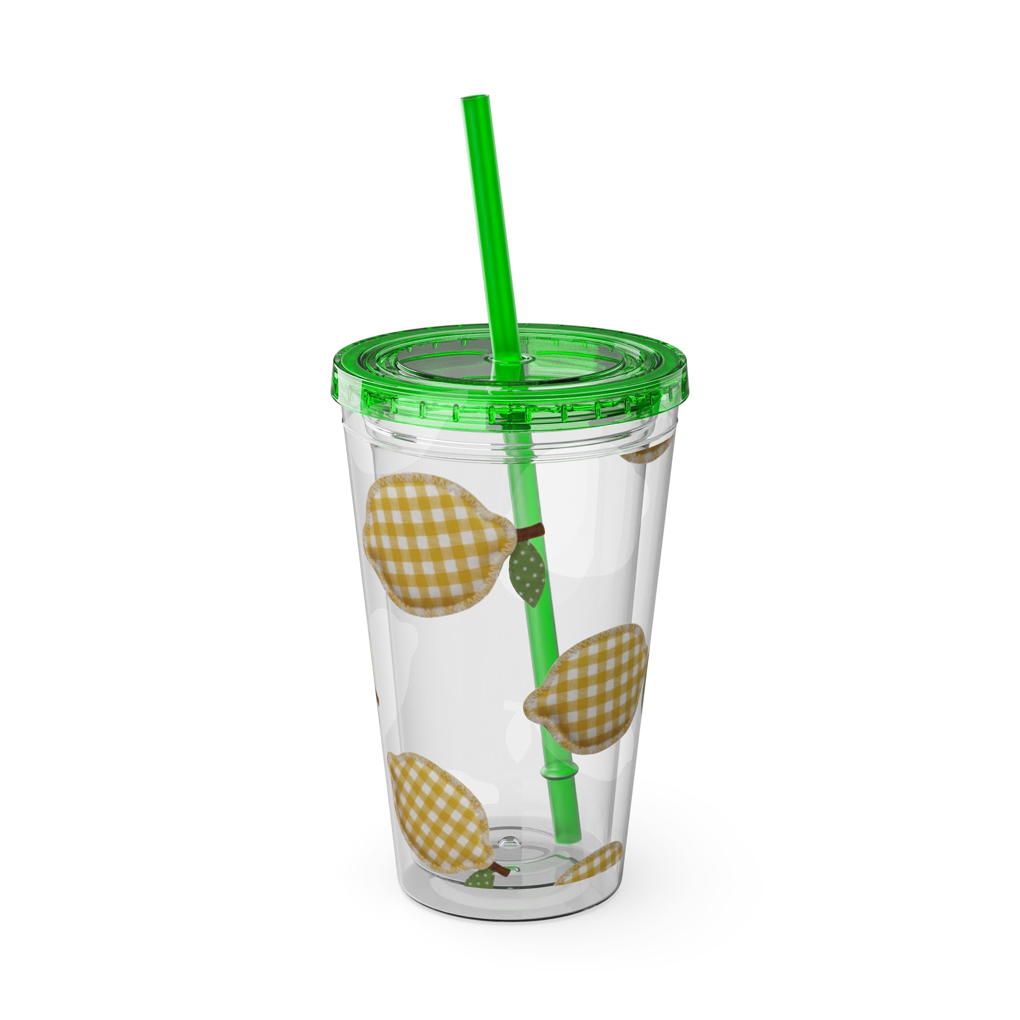 Gingham Pear Sunsplash Tumbler, 16oz Clear Travel Cup with Straw
