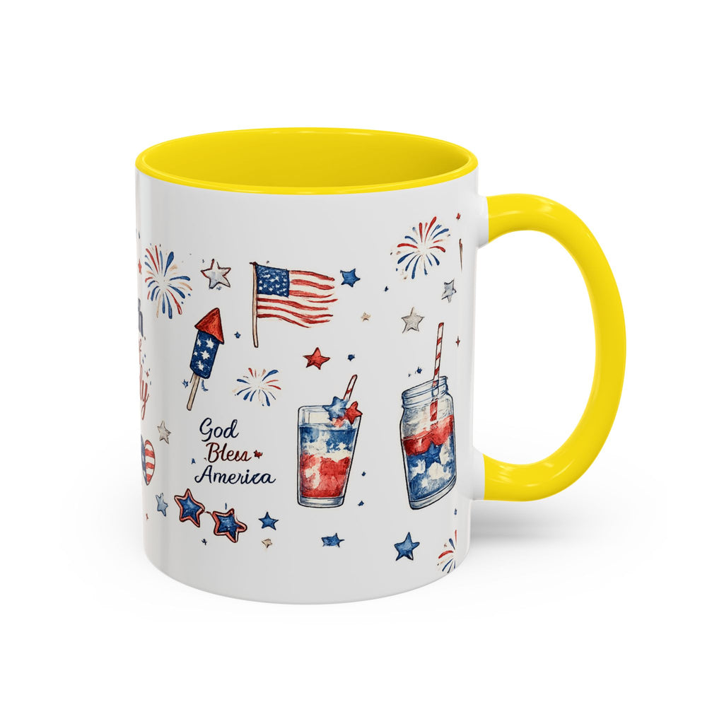 4th of July Accent Coffee Mug — Patriotic Fireworks & God Bless America Design (11oz)