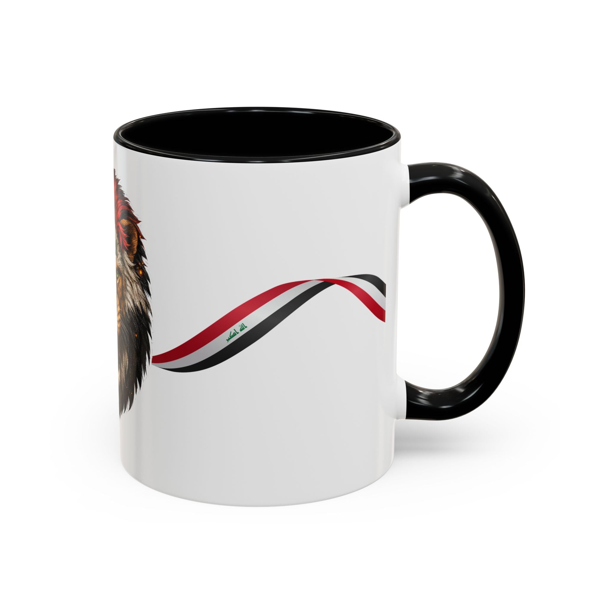 Iraq Lion Head Accent Coffee Mug with Arabic Script and Flag Ribbon – Patriotic Iraq Gift (11/15oz)