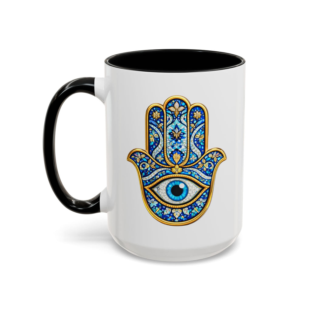 Hamsa Hand Accent Coffee Mug – Blue Protective Evil Eye Ceramic Mug (11/15oz)