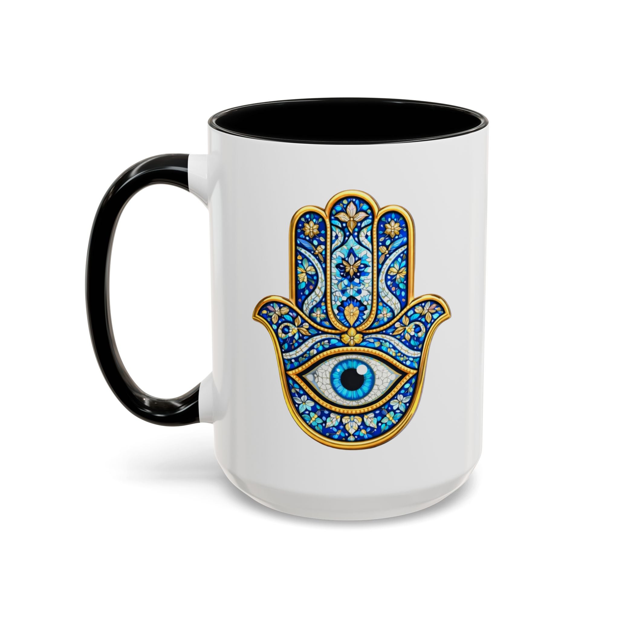 Hamsa Hand Accent Coffee Mug – Blue Protective Evil Eye Ceramic Mug (11/15oz)