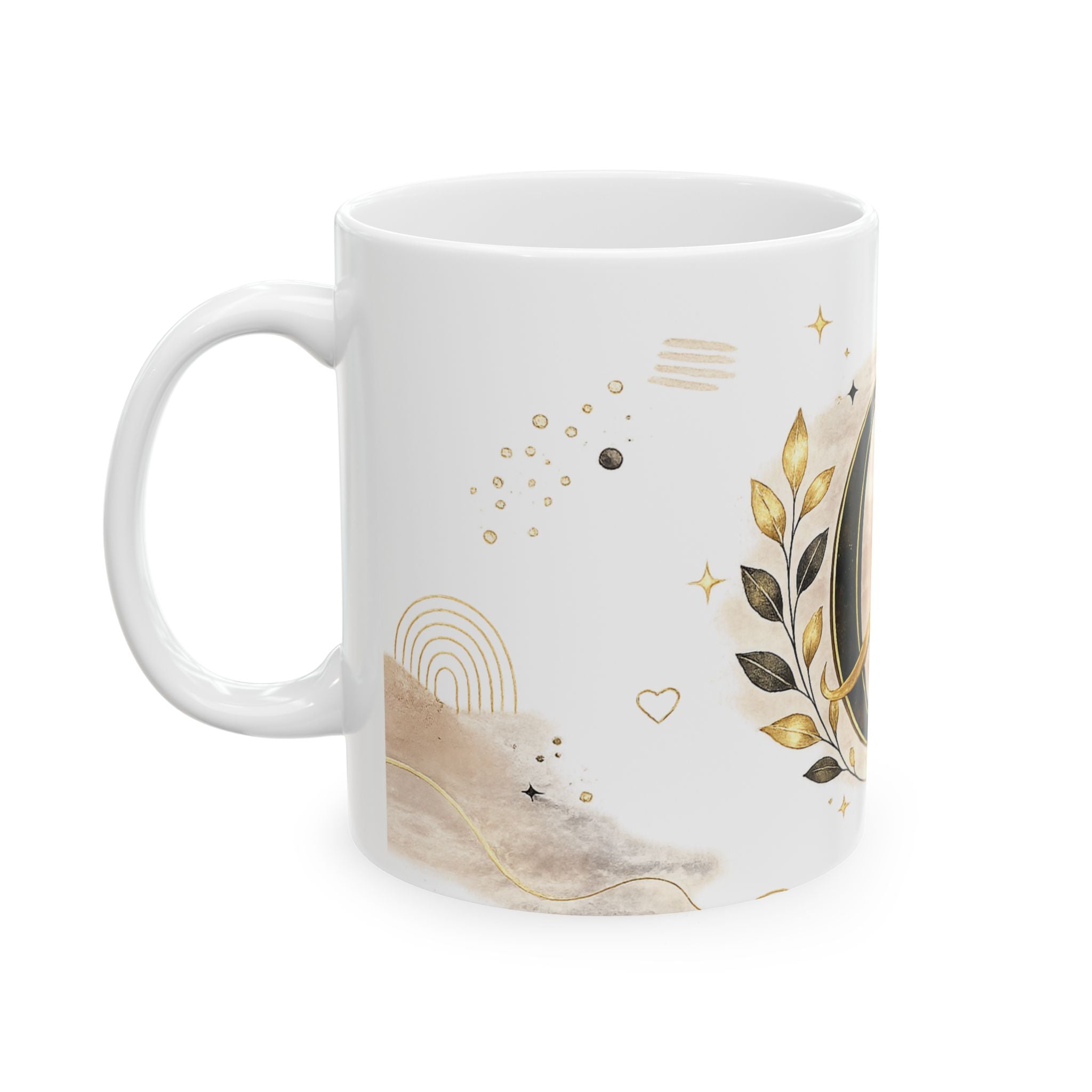 Monogram C Gold Floral Ceramic Mug — Personalized Initial "C" Coffee Cup