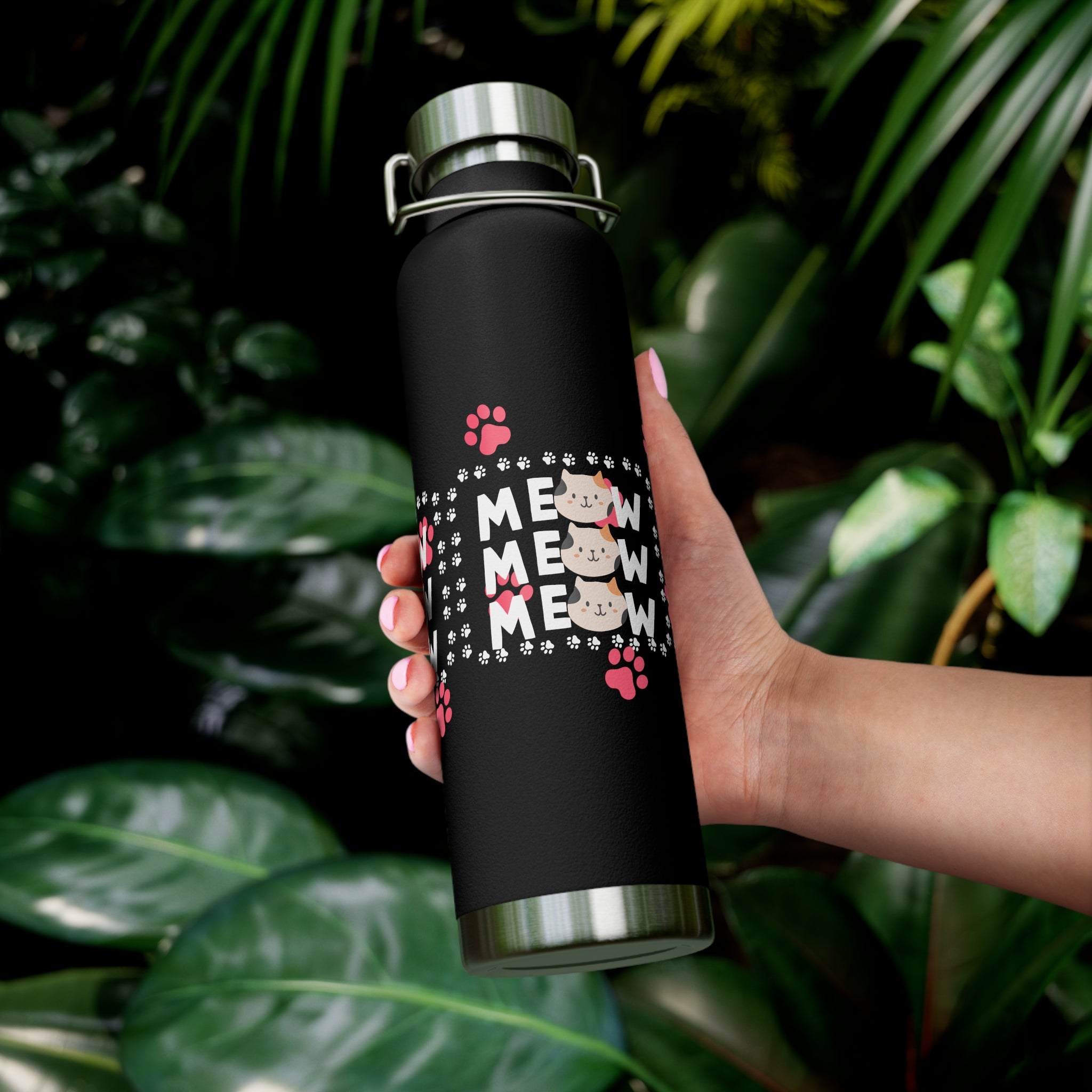 22oz Insulated Bottle — Red 'MEOW' Cute Cat Paw Print Design