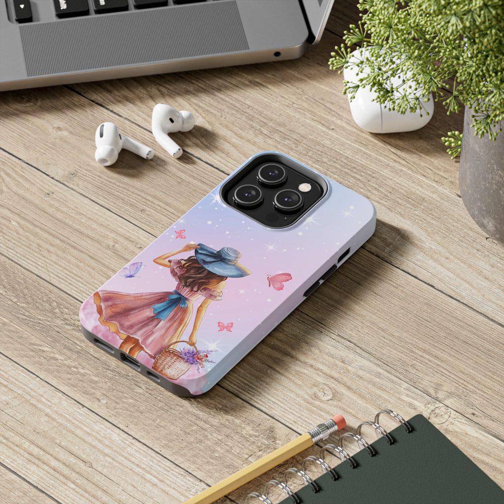 Pastel Girl with Hat Phone Case — Floral Basket Butterfly Tough Phone Case