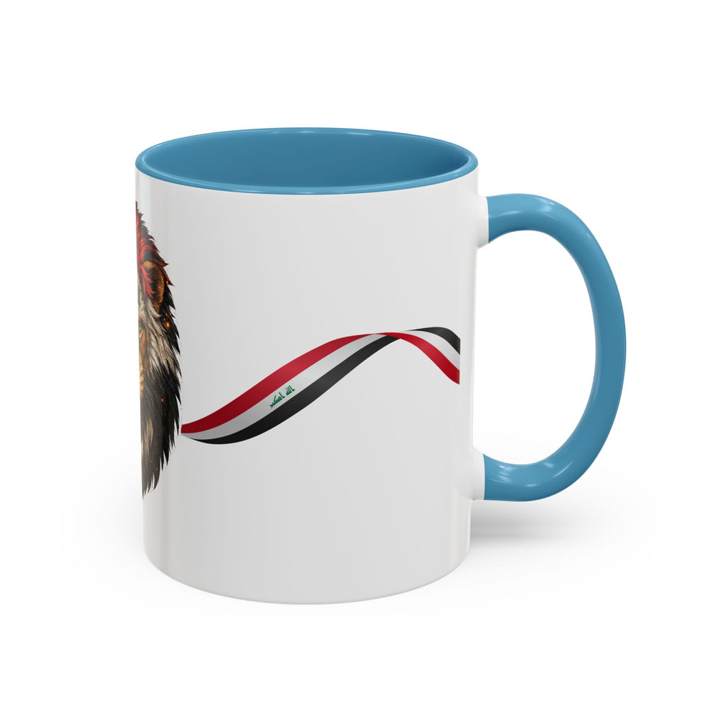 Iraq Lion Head Accent Coffee Mug with Arabic Script and Flag Ribbon – Patriotic Iraq Gift (11/15oz)
